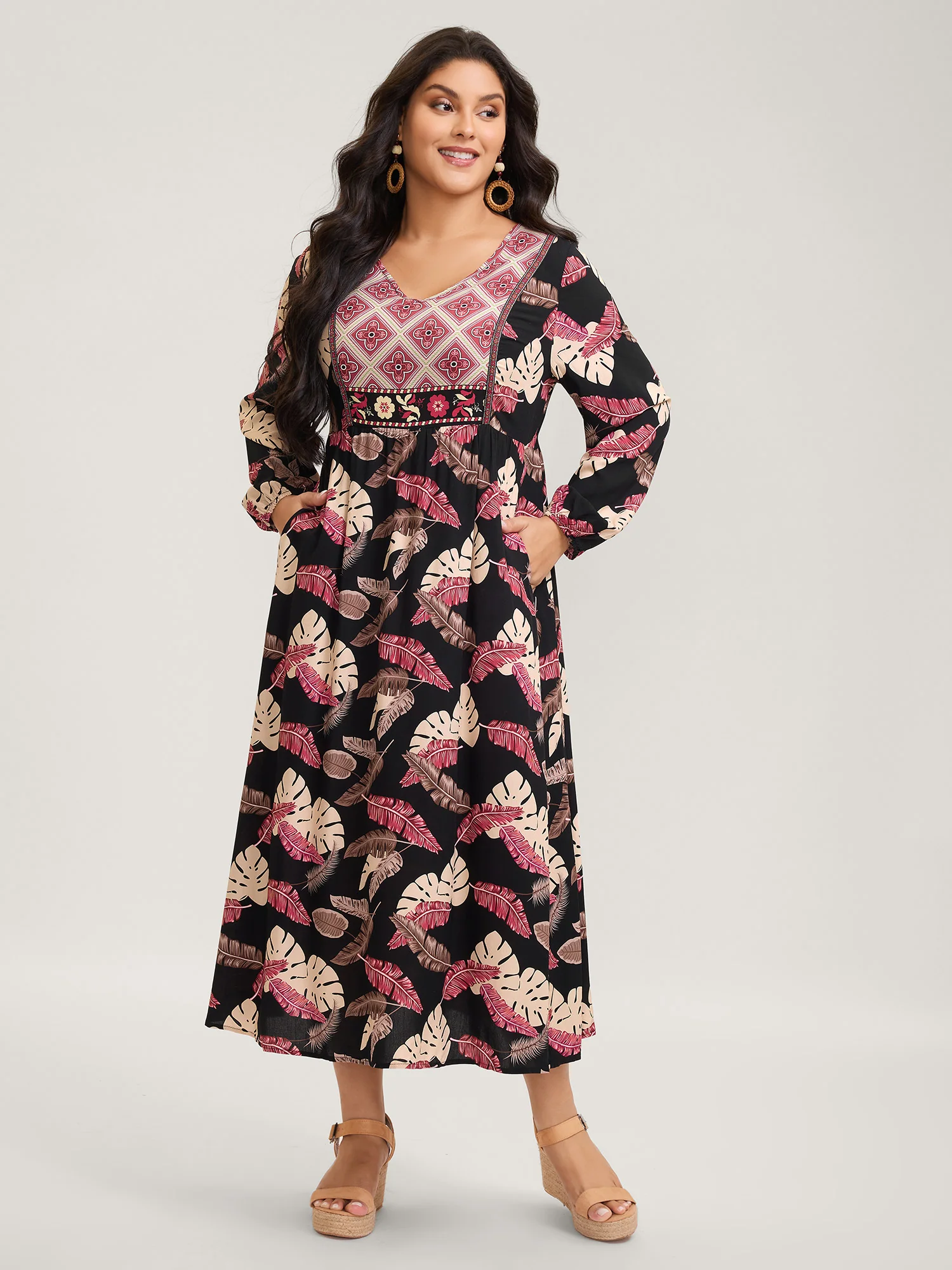 Maple Leaf Print Contrast Neck Maxi Dress