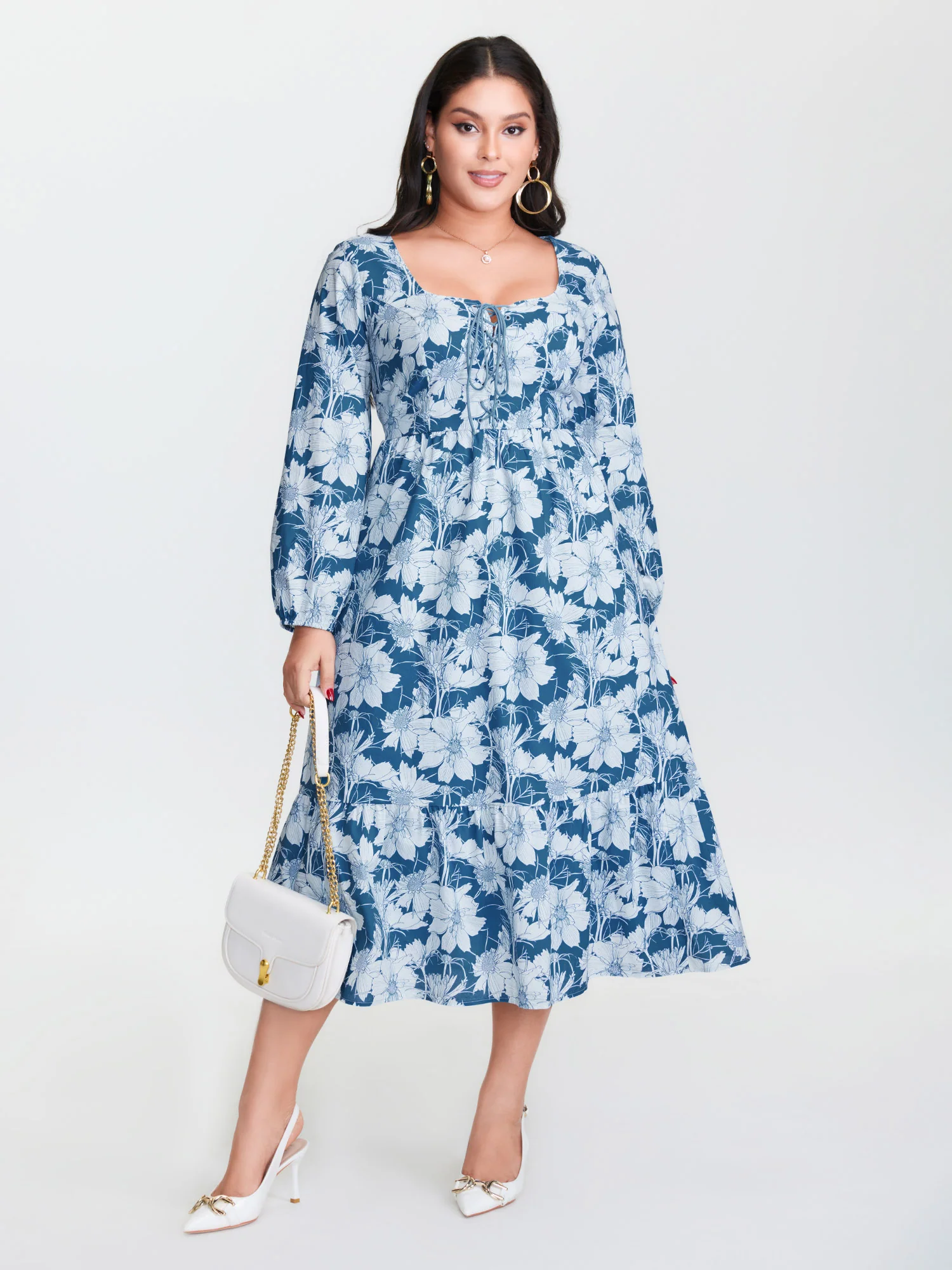 Floral Shirred Drawstring Neckline Midi Dress