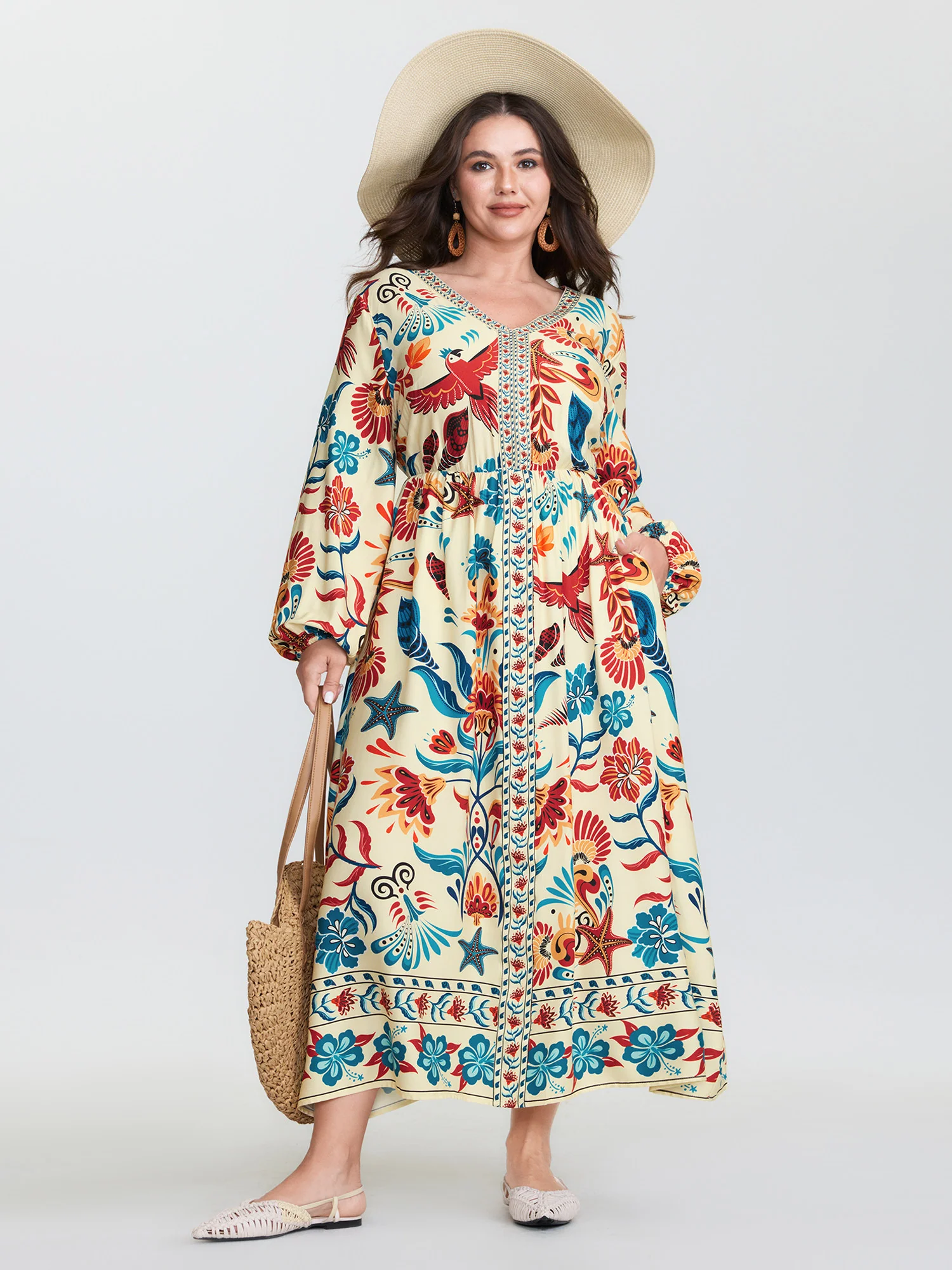 Colorful Ocean Element V-Neck Maxi Dress