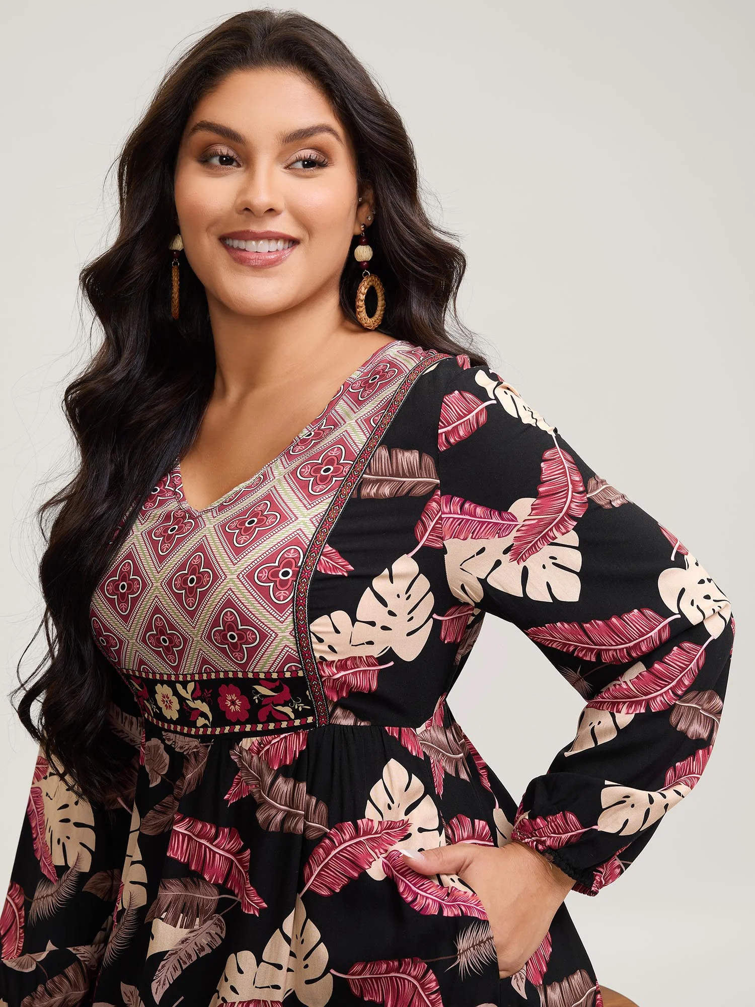 Maple Leaf Print Contrast Neck Maxi Dress