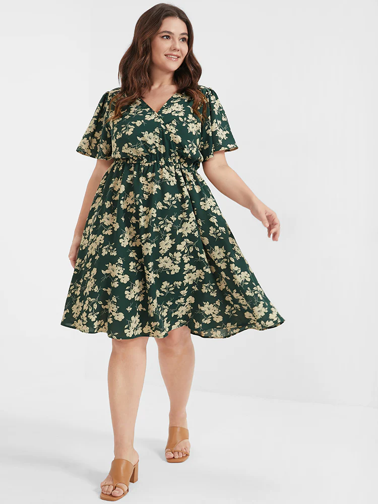 Floral Belted Button Ruffled Wrap Knee Dress
