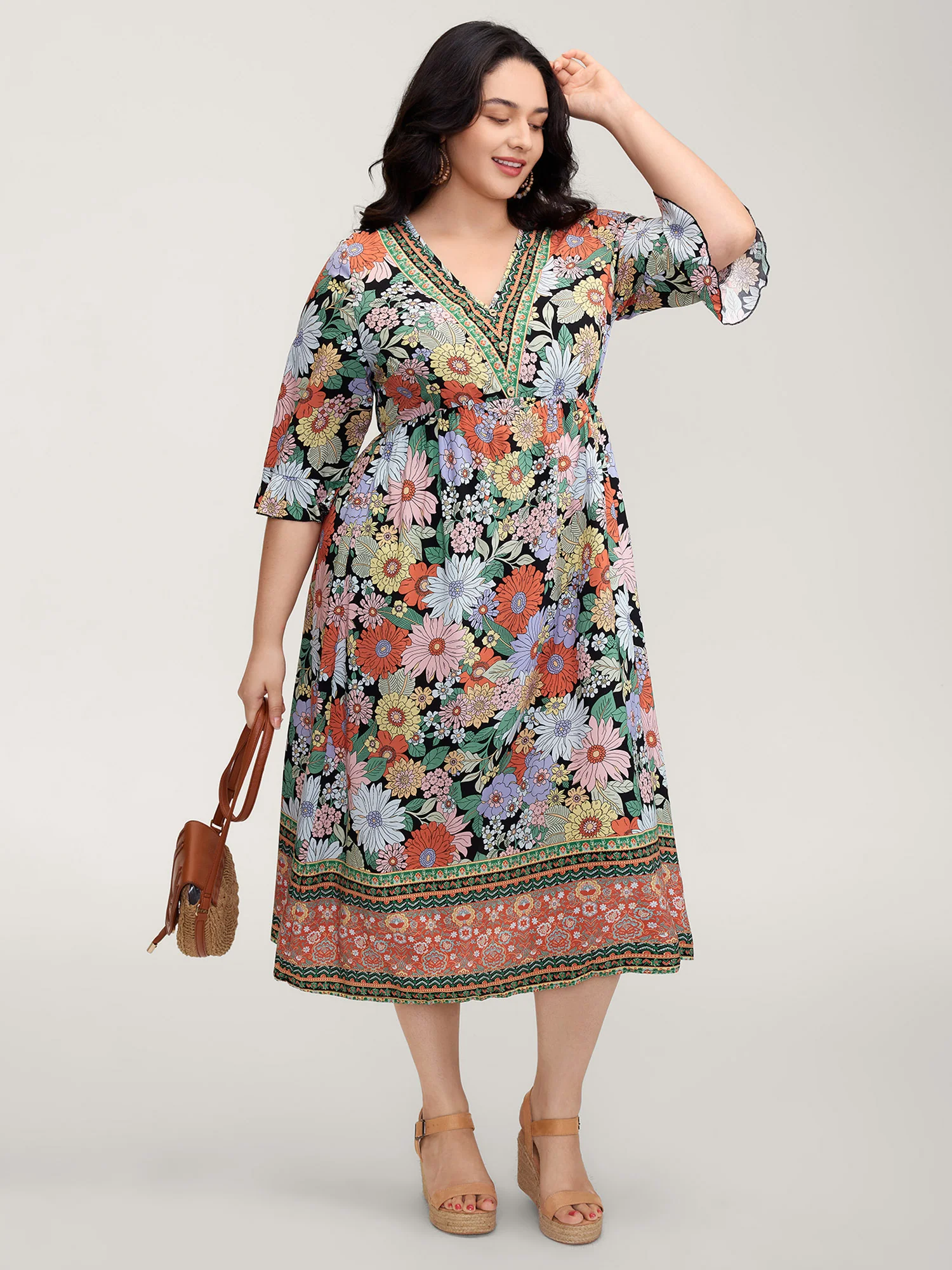 Rayon Floral Print V-Neck Maxi Dress
