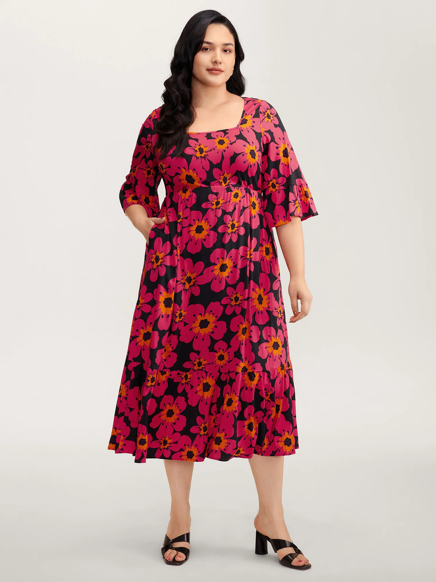 Floral Print Square Neck Pockets Maxi Dress