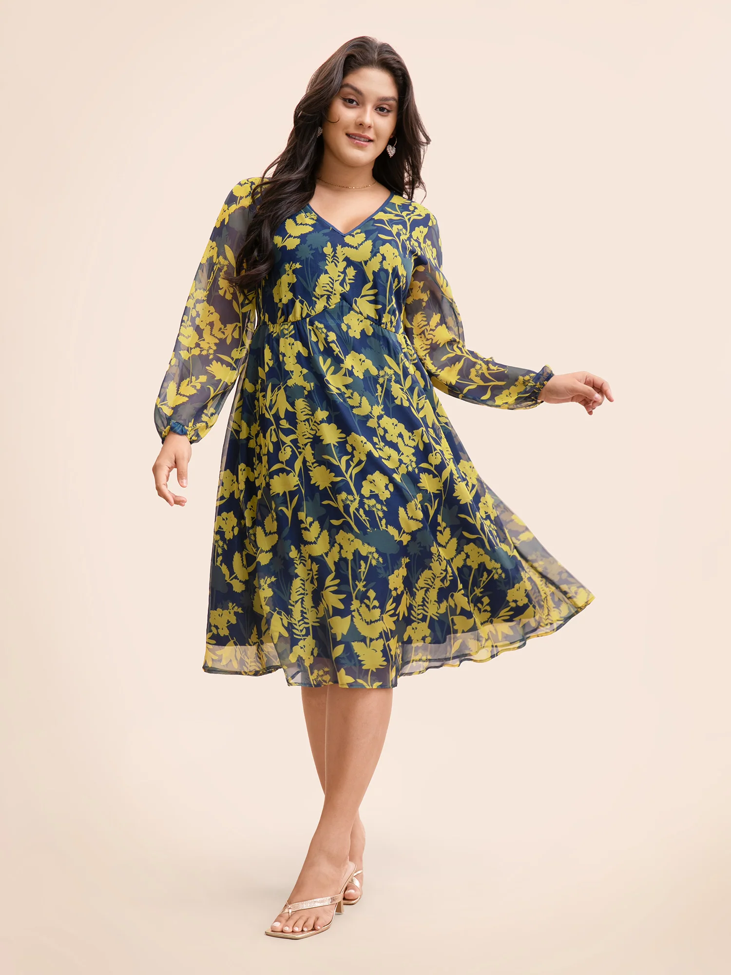 V Neck Silhouette Floral Print Mesh Dress