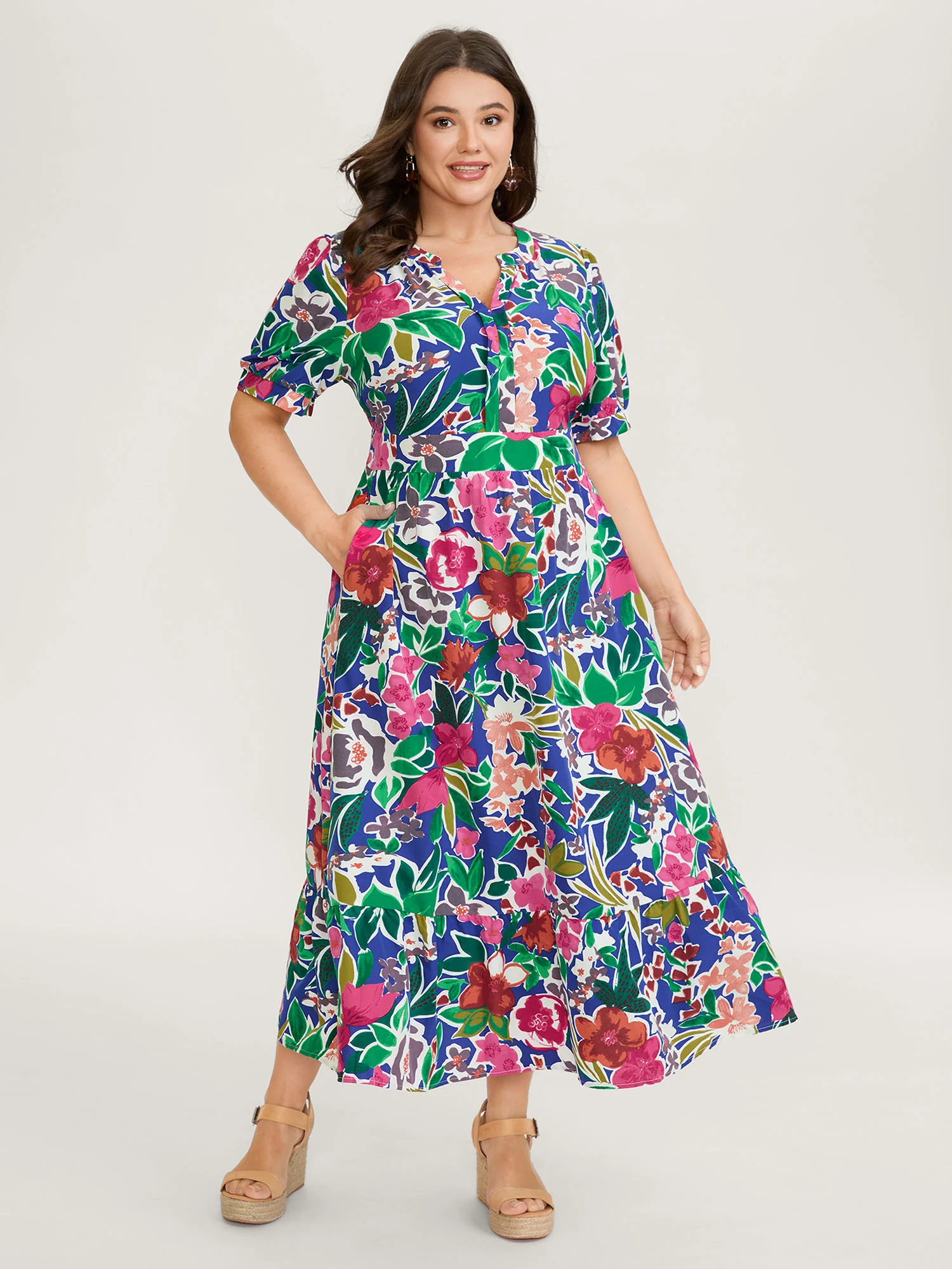 Vibrant Floral Print Notched Collar Maxi Dress