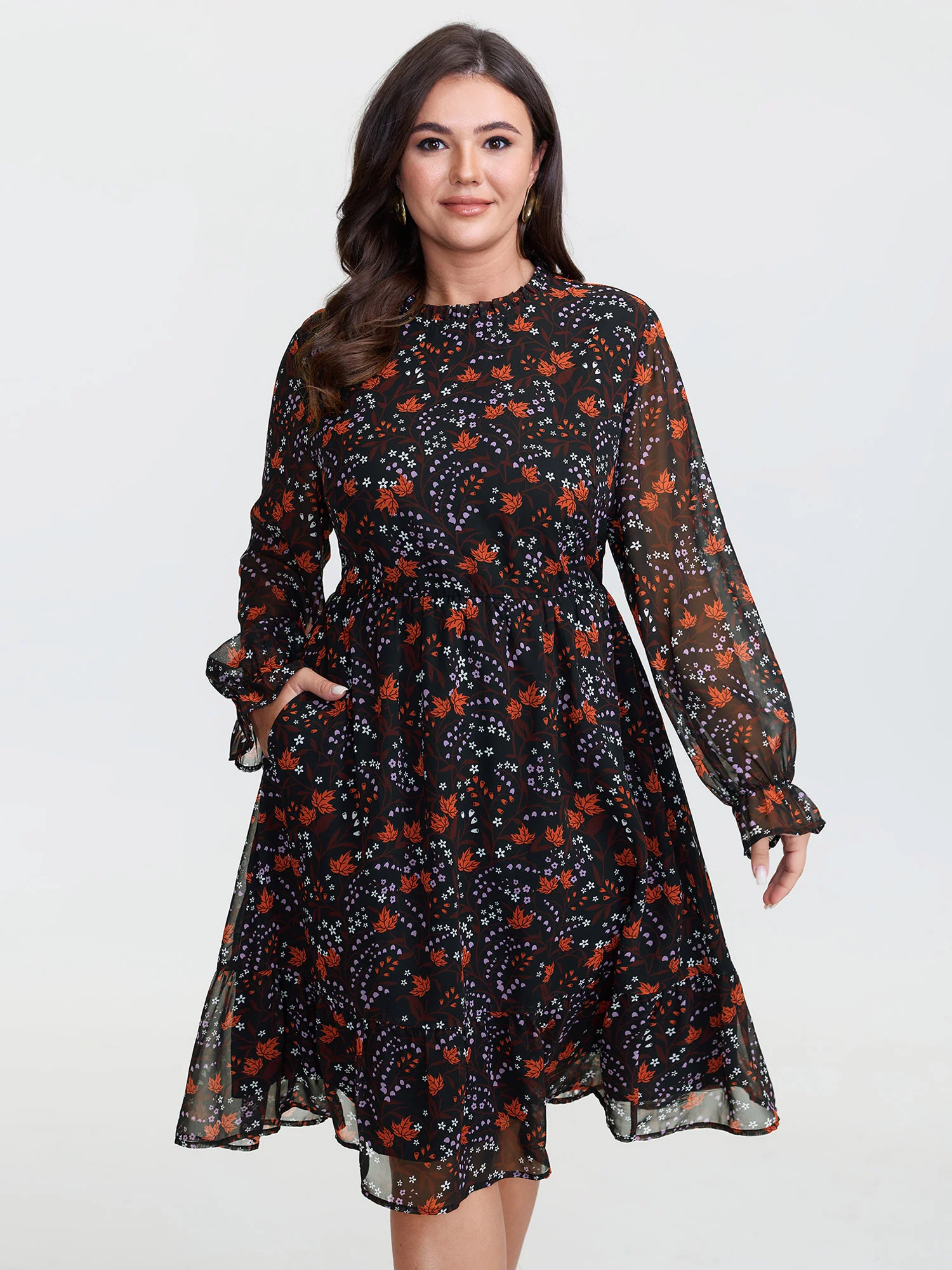 Chiffon Floral Print Ruffled Neck Midi Dress