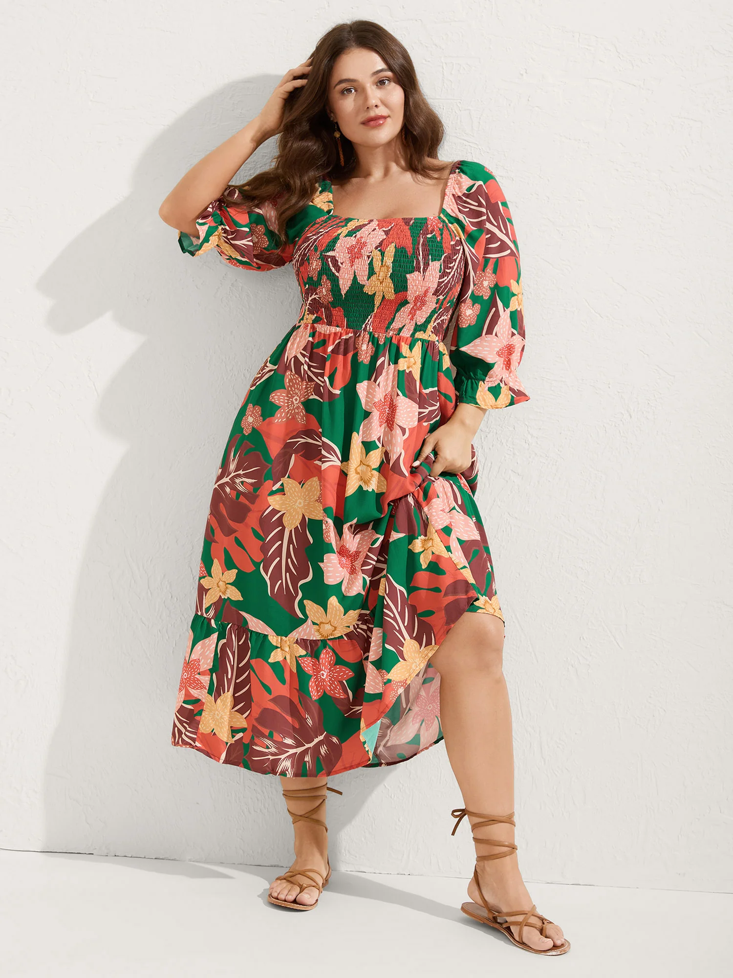 Rayon Tropical Floral Shirred Stretchy Waist Midi Dress