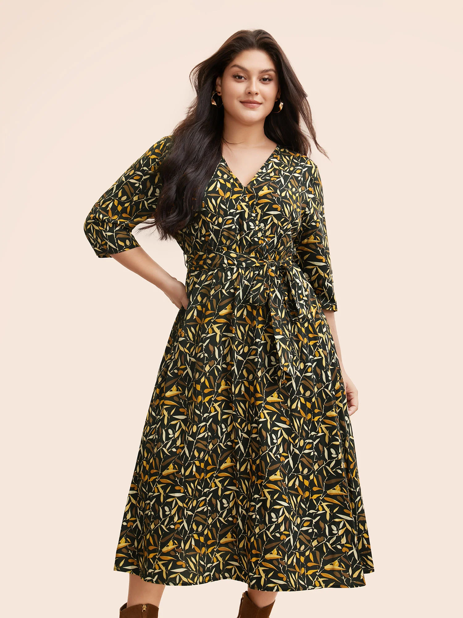 Plants Print Overlap Collar Midi Dress