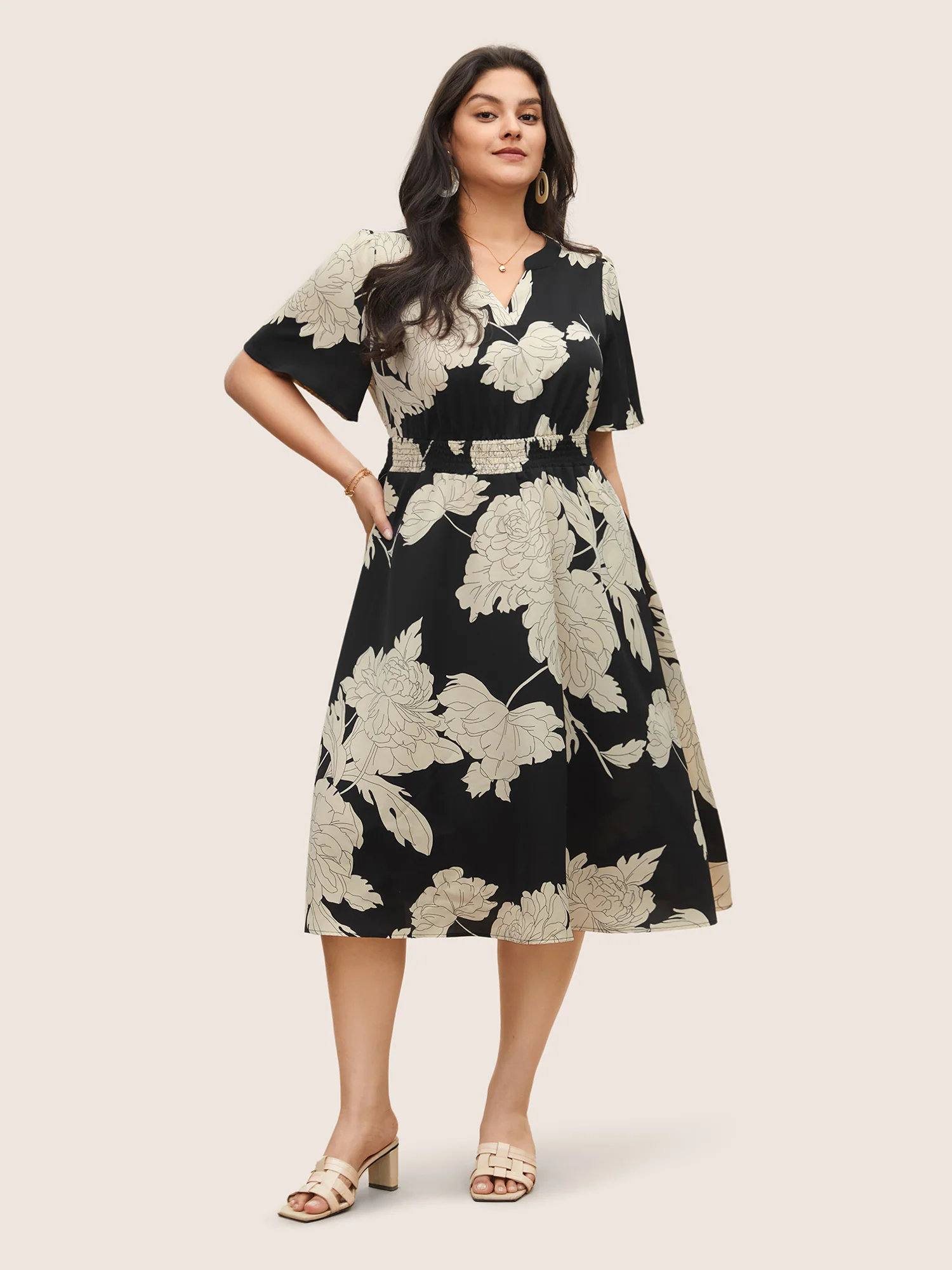 Floral Print Notched Belted Flutter Sleeve Dress