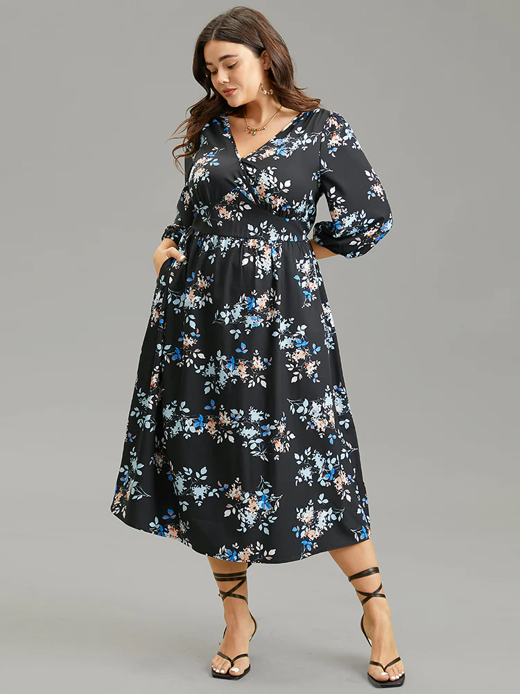 Floral Wrap Gathered Lantern Sleeve Dress