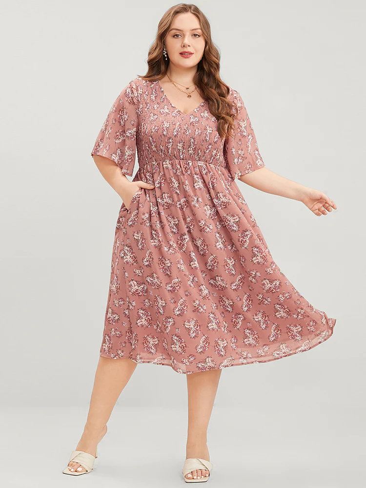 Floral Print V Neck Shirred Pocket Ruffle Dress