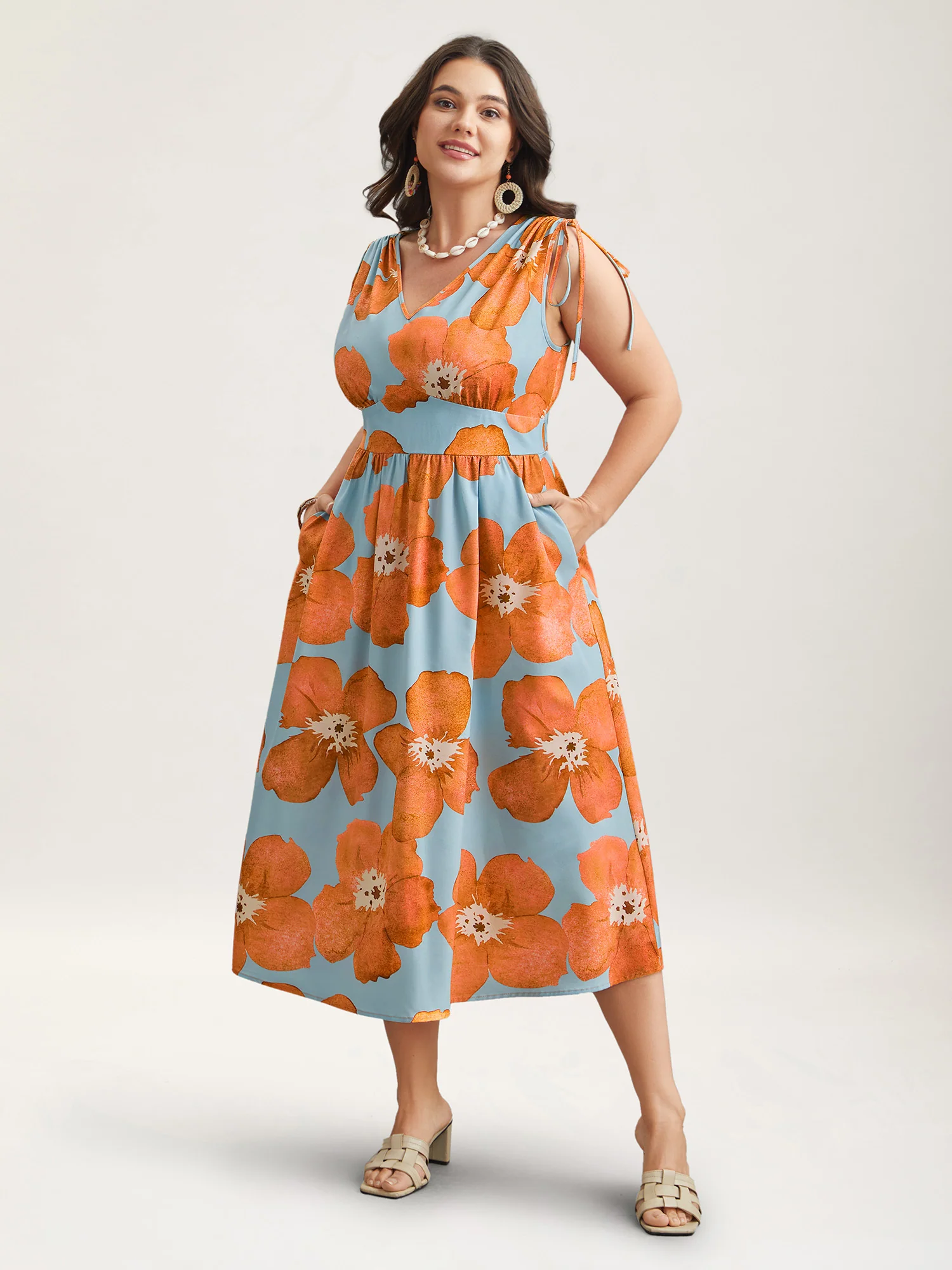 Floral Print V-Neck Tied Midi Dress