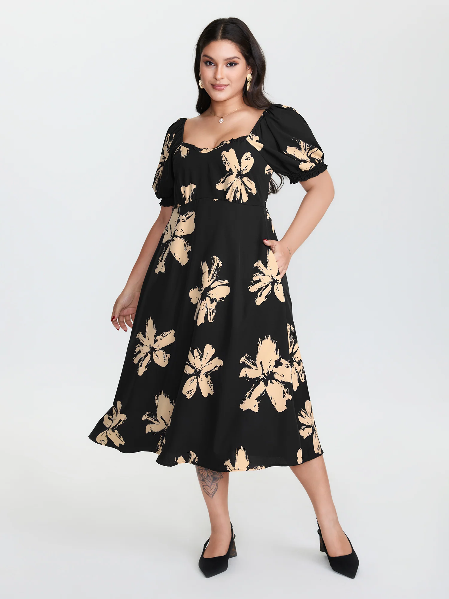Ruffled Neckline Shirred Midi Dress