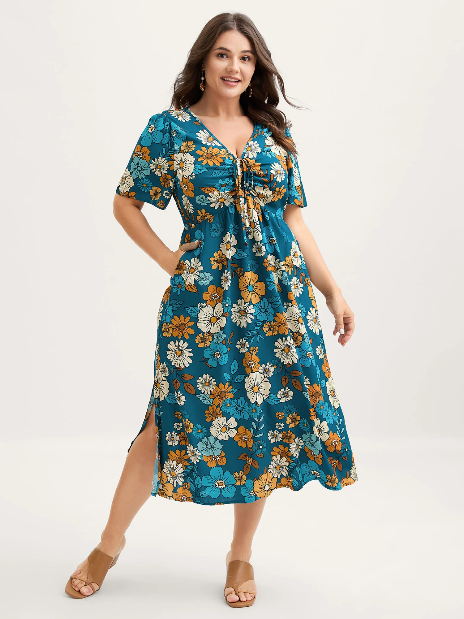 Floral Drawstring Bodice Side Slit Midi Dress