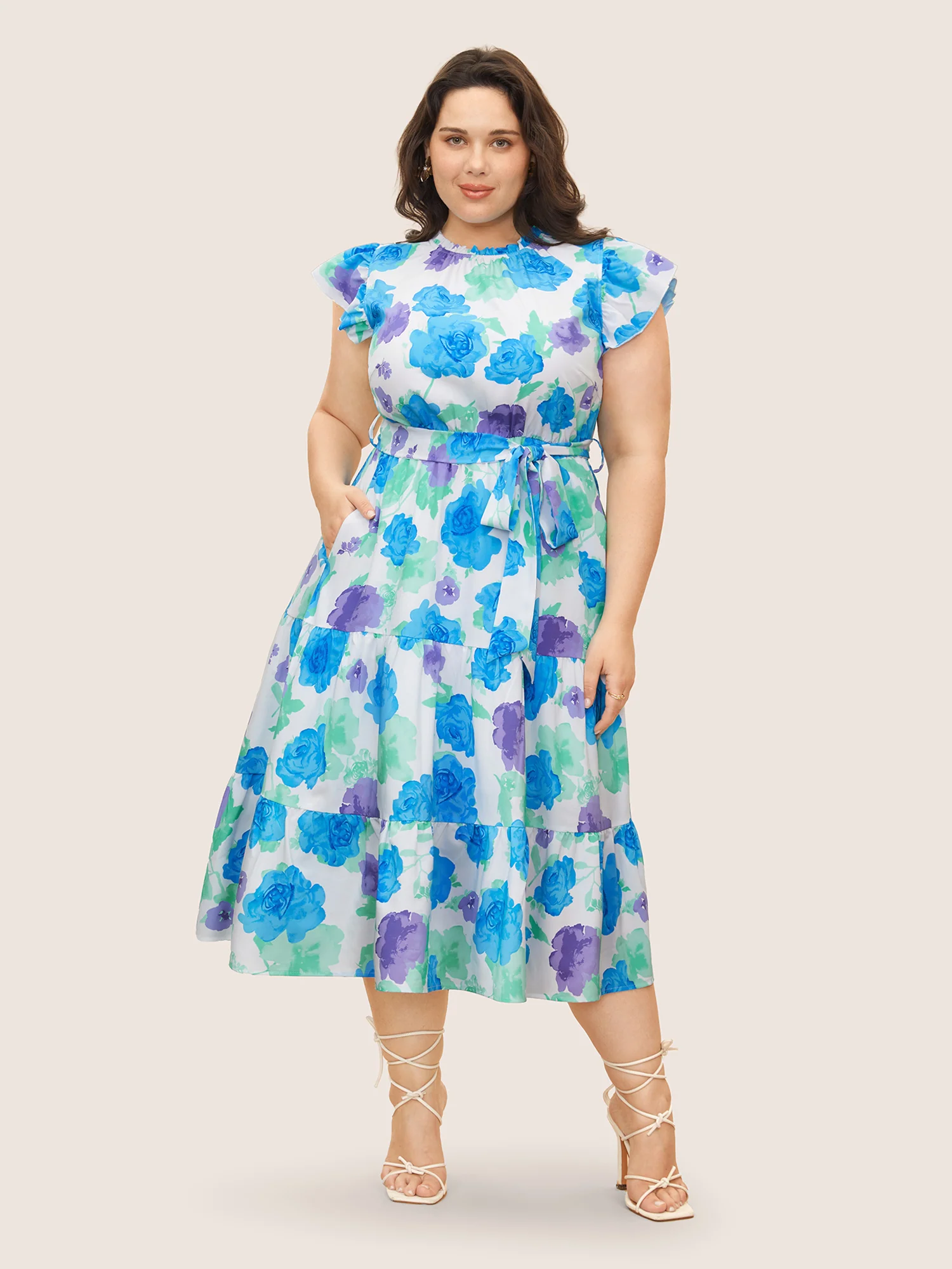 Floral Gathered Ruffle Cap Sleeve Belted Dress