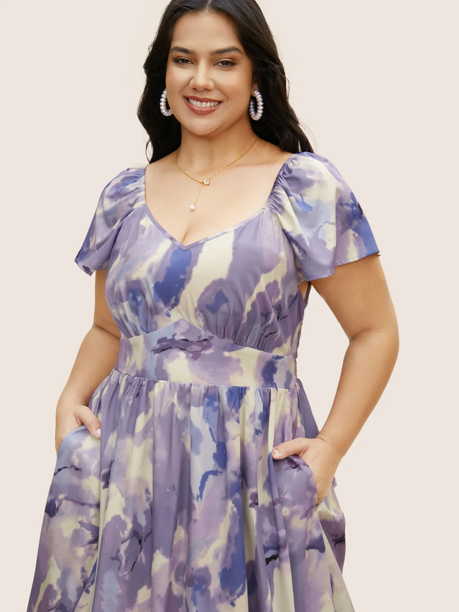 Watercolor Floral Bubble Hem Pockets Dress