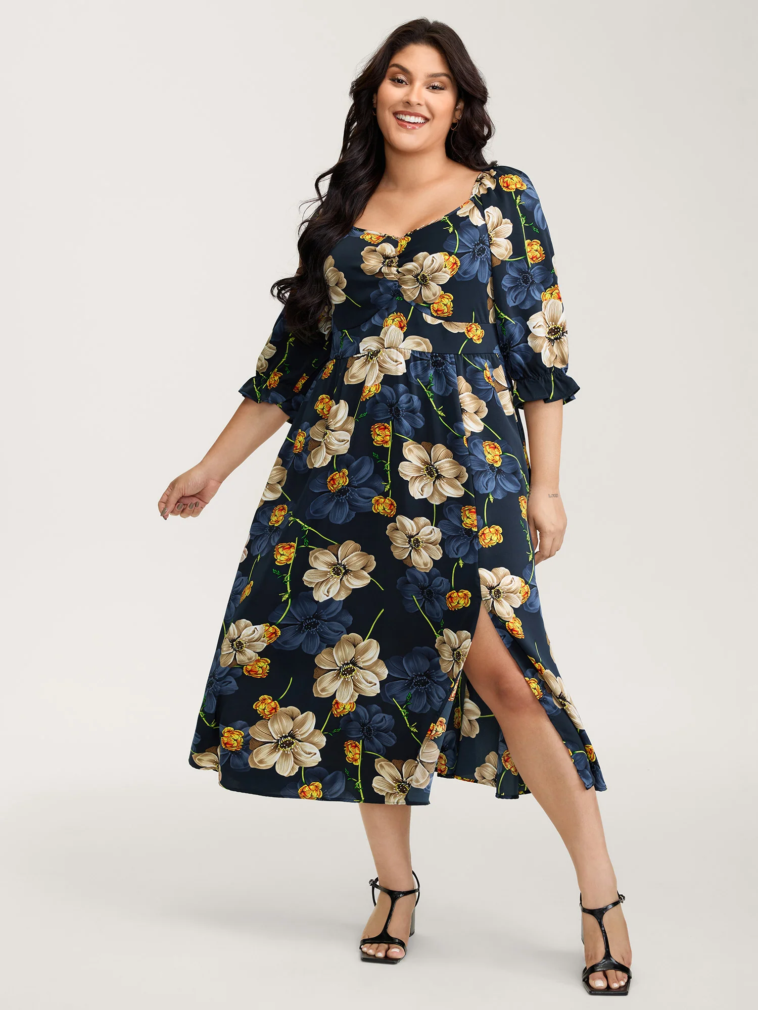 Floral Print Triangular Waist Cinched Midi Dress