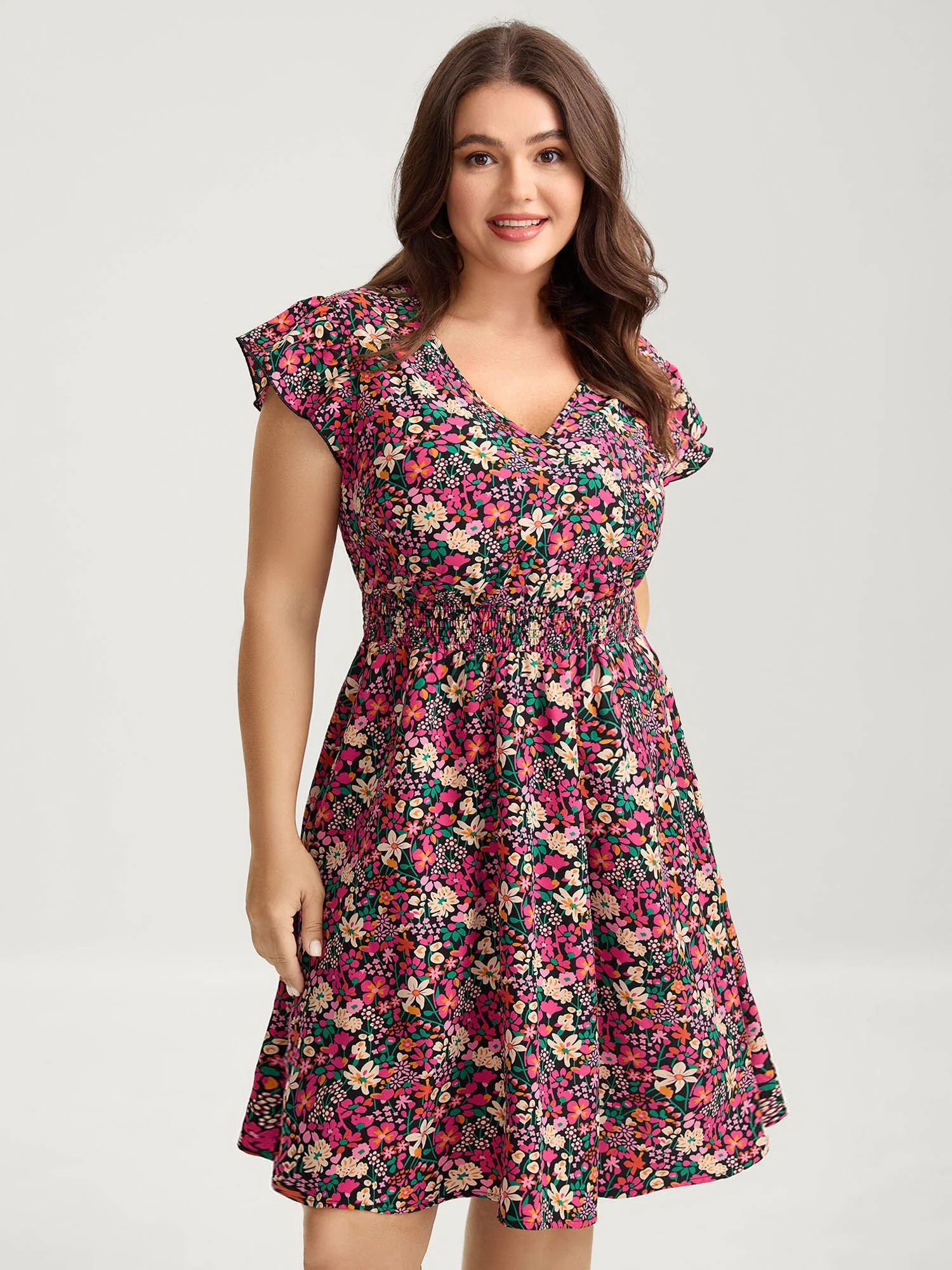 Floral Print Shirred Waist Ruffled Midi Dress
