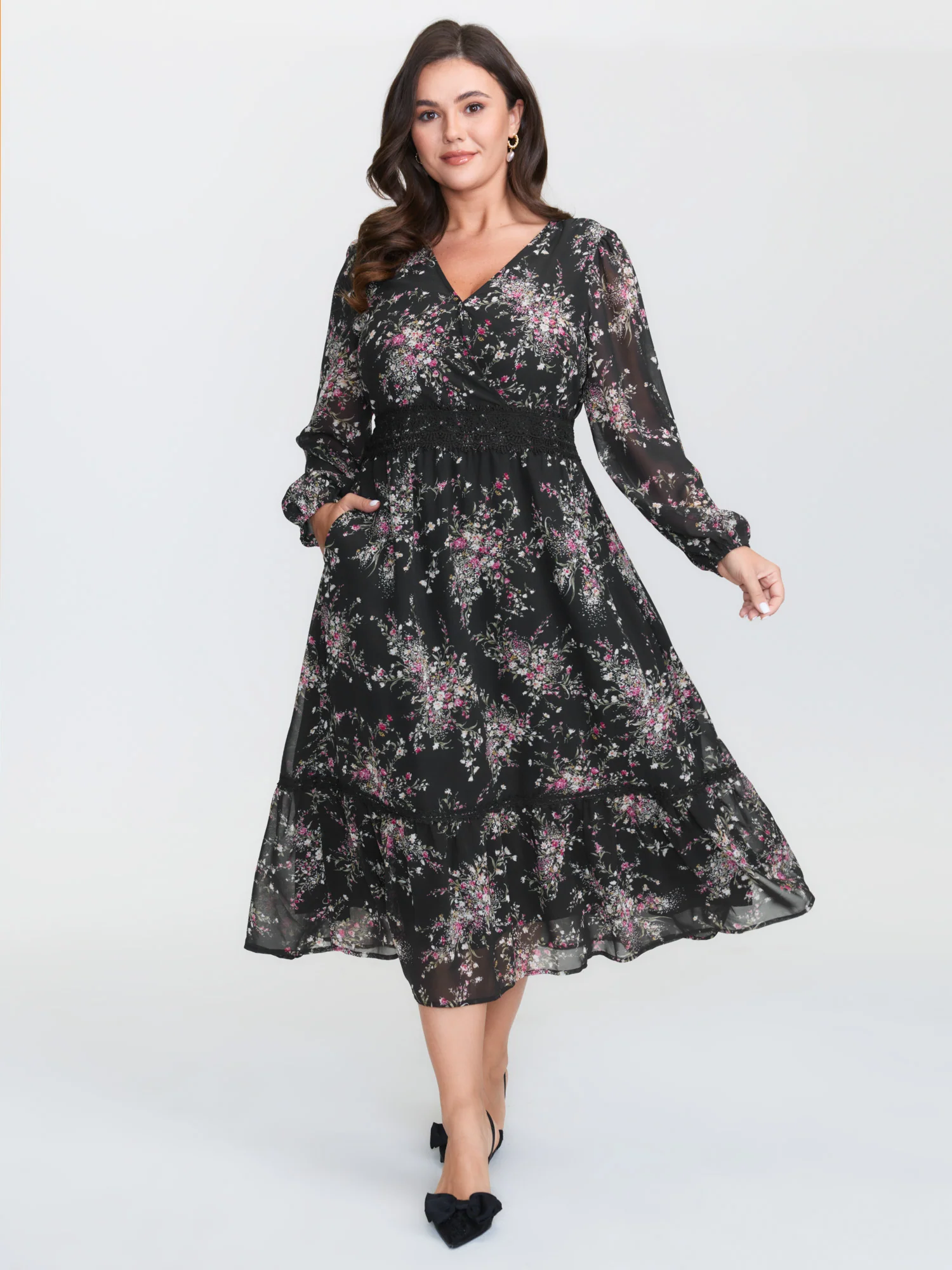 Soft Floral Print Lace Trim Midi Dress