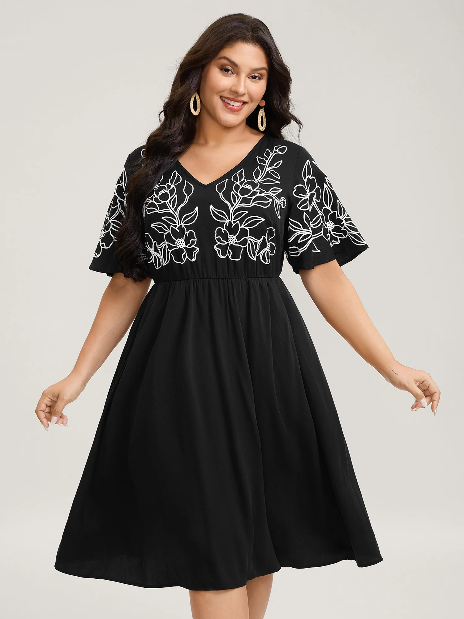 Floral Print Bodice Side Pockets Midi Dress