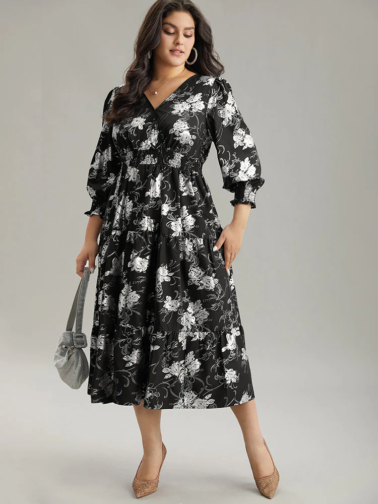 Silhouette Floral Print Glitter Wrap Shirred Dress