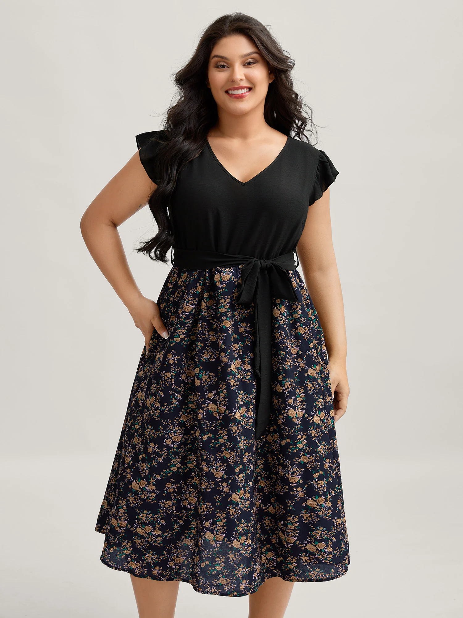 Floral Print Waist-Tie Ruffled Midi Dress