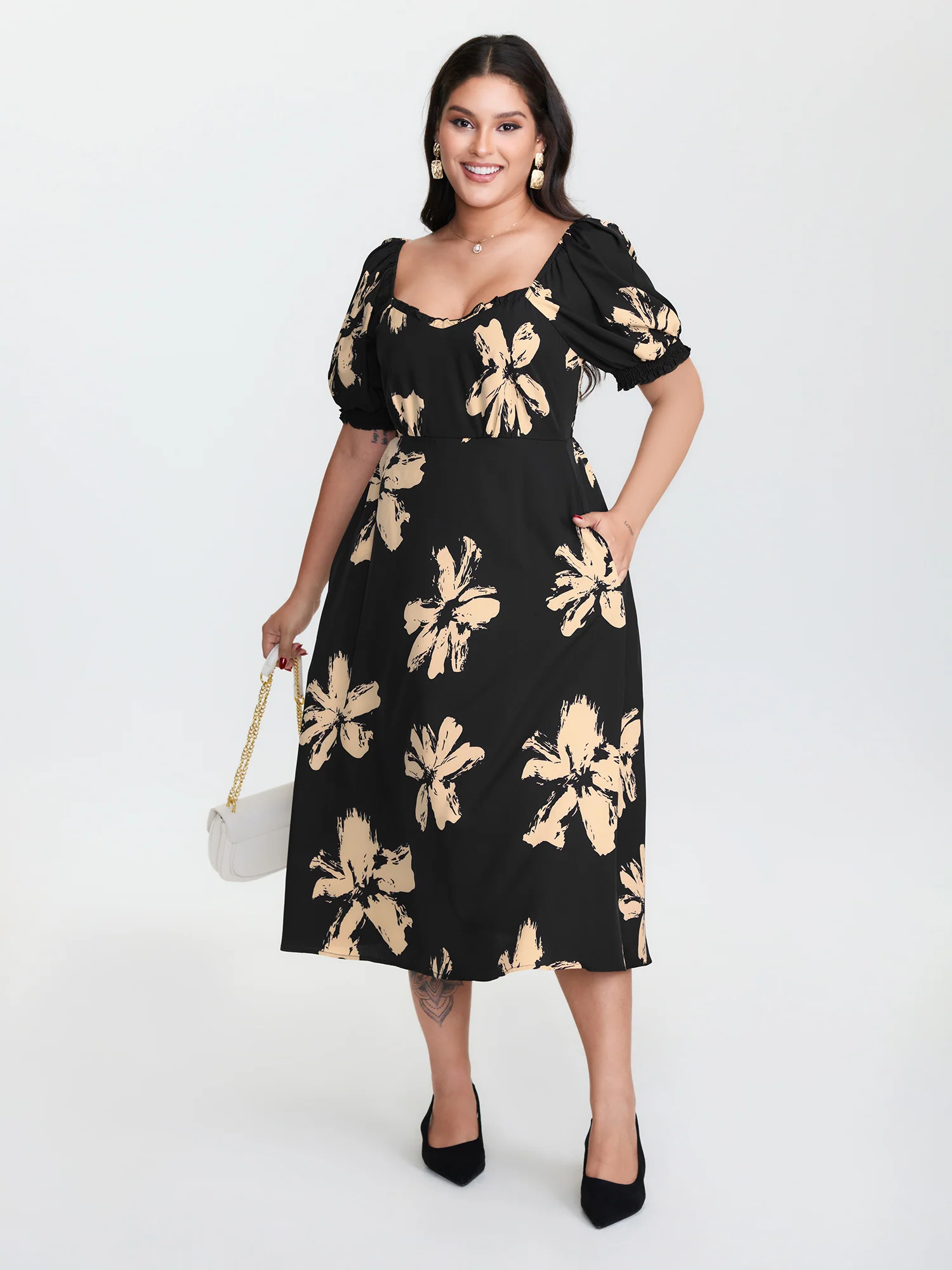 Ruffled Neckline Shirred Midi Dress