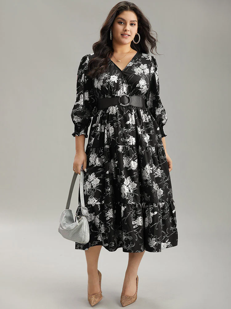 Silhouette Floral Print Glitter Wrap Shirred Dress