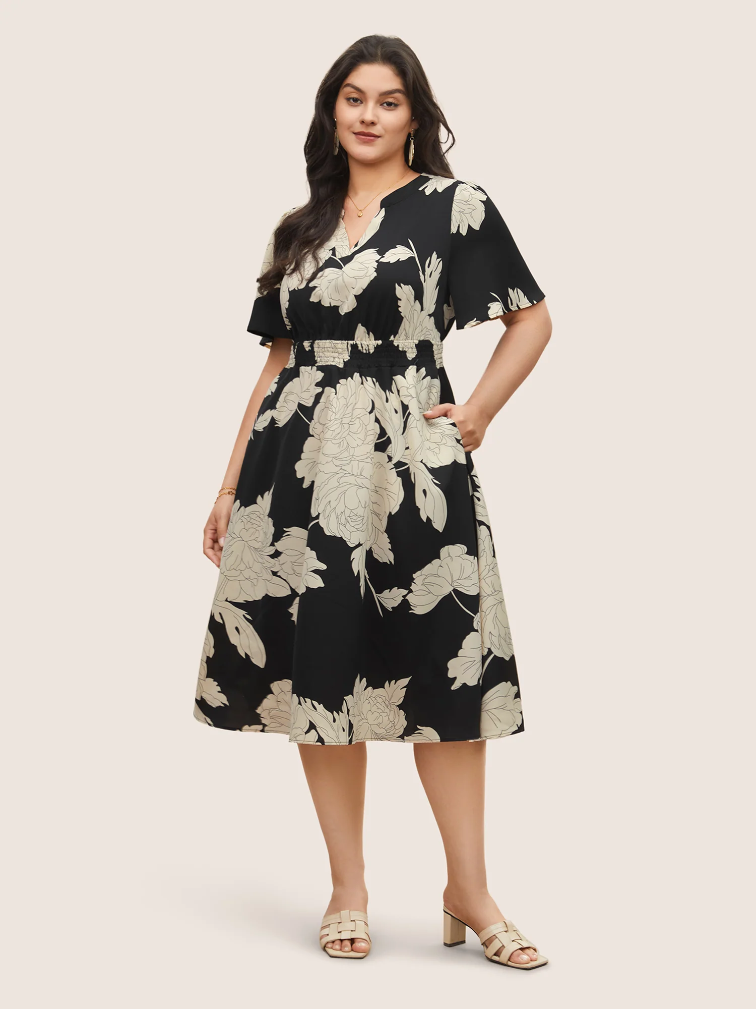 Floral Print Notched Belted Flutter Sleeve Dress