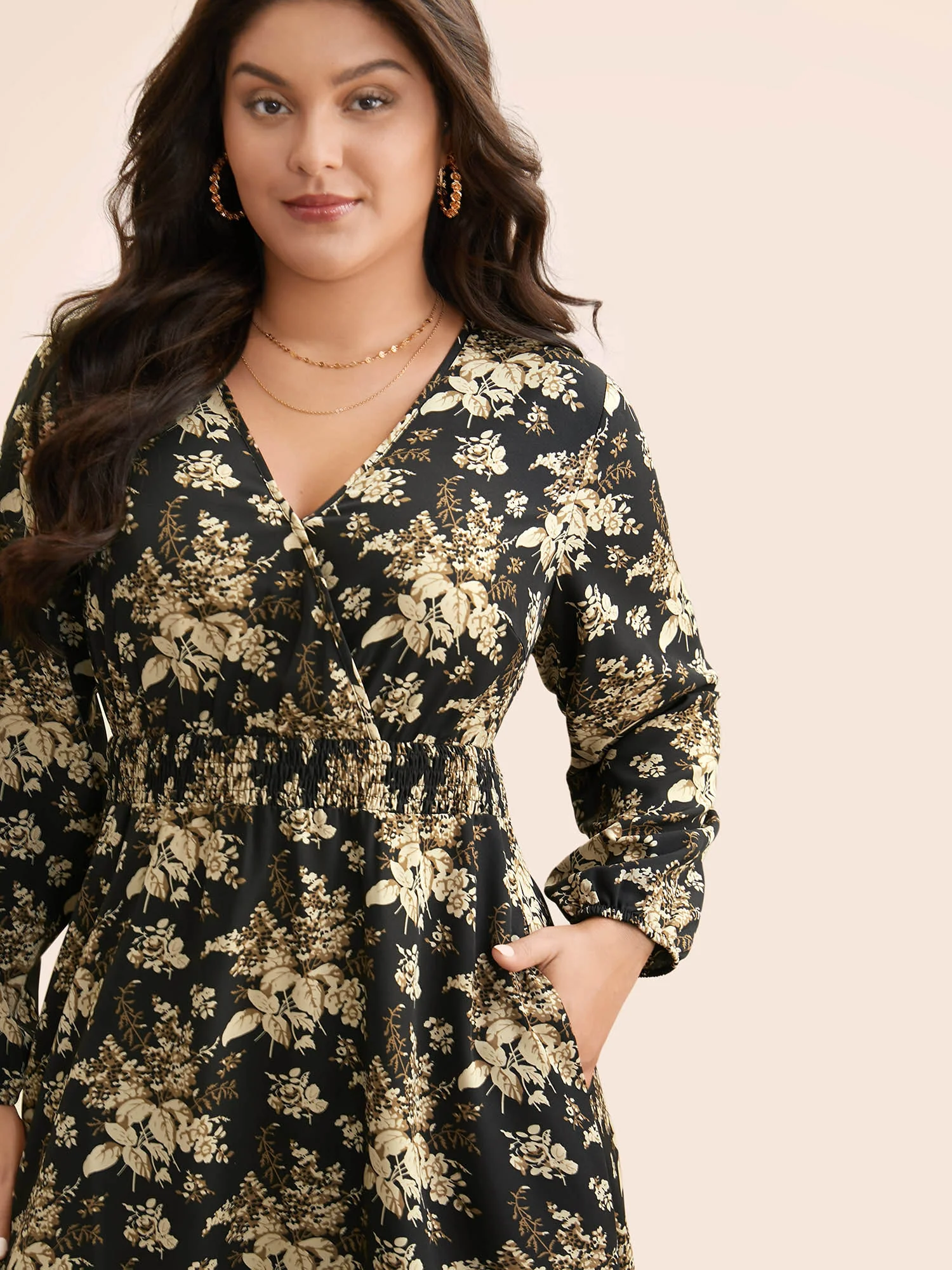 Floral Overlap Collar Shirred Midi Dress