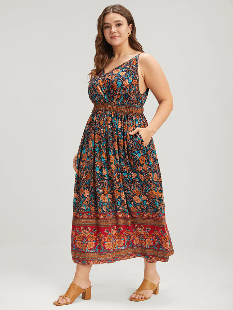 Floral Gathered Button Pocket Cami Maxi Dress