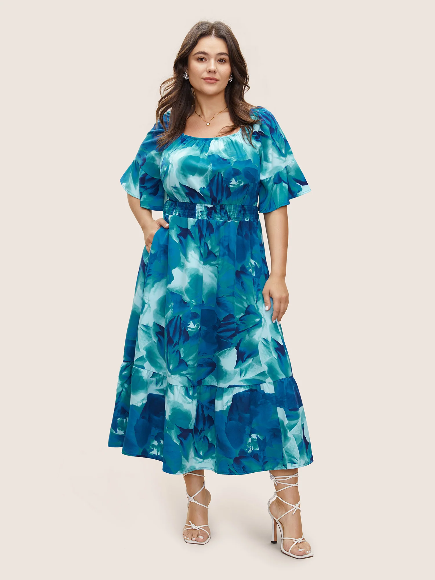 Square Neck Floral Shirred Ruffle Sleeve Dress