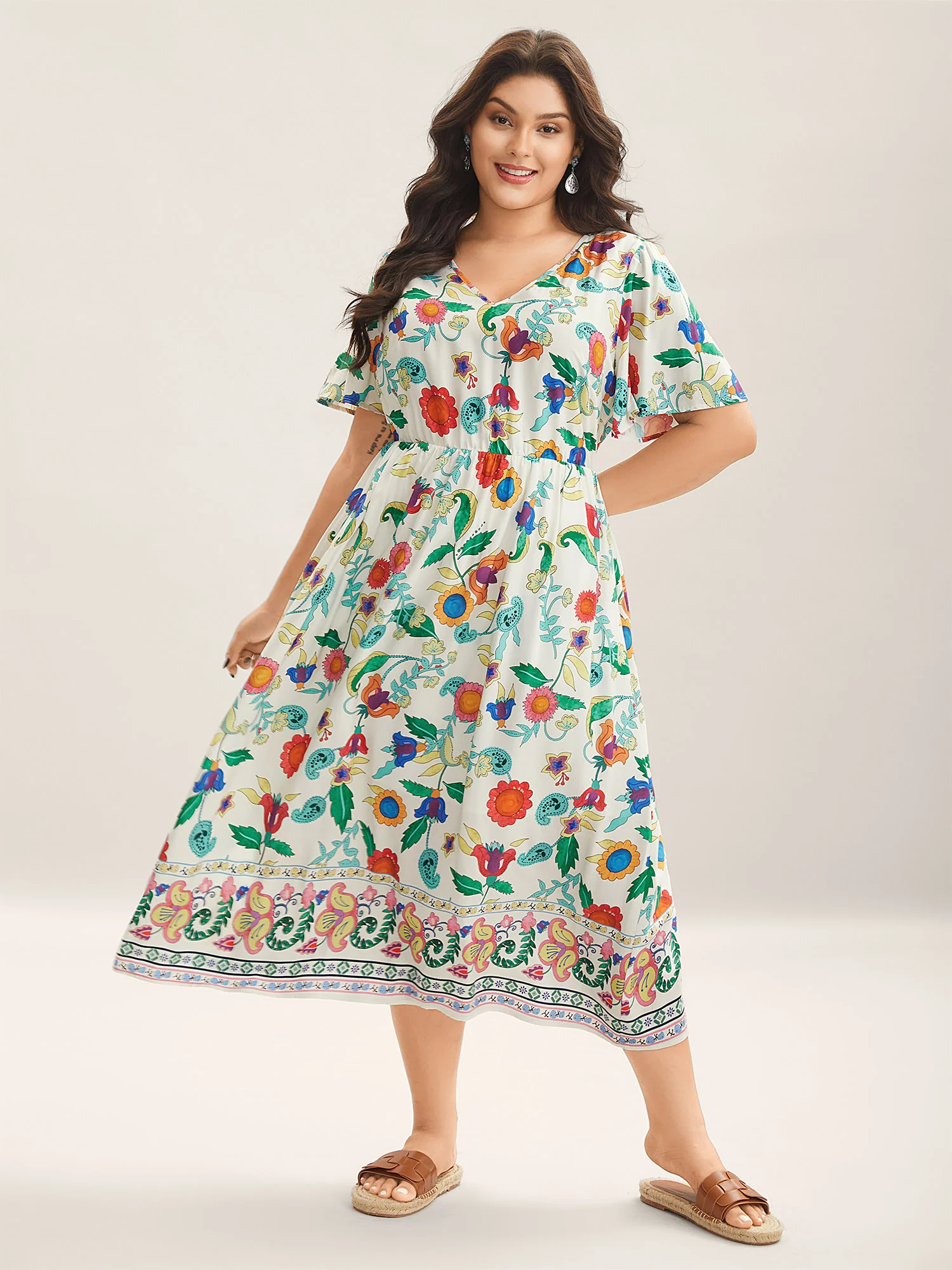 Sunkissed Floral V-Neck Pockets Midi Dress