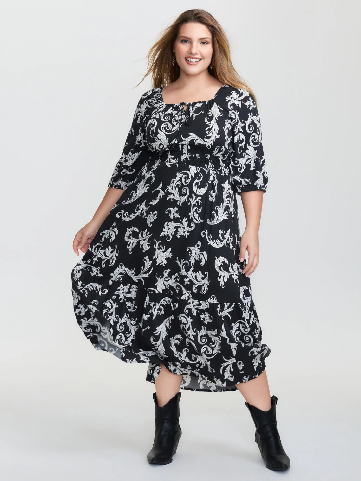Scroll Pattern Adjustable Drawstring Pockets Maxi Dress