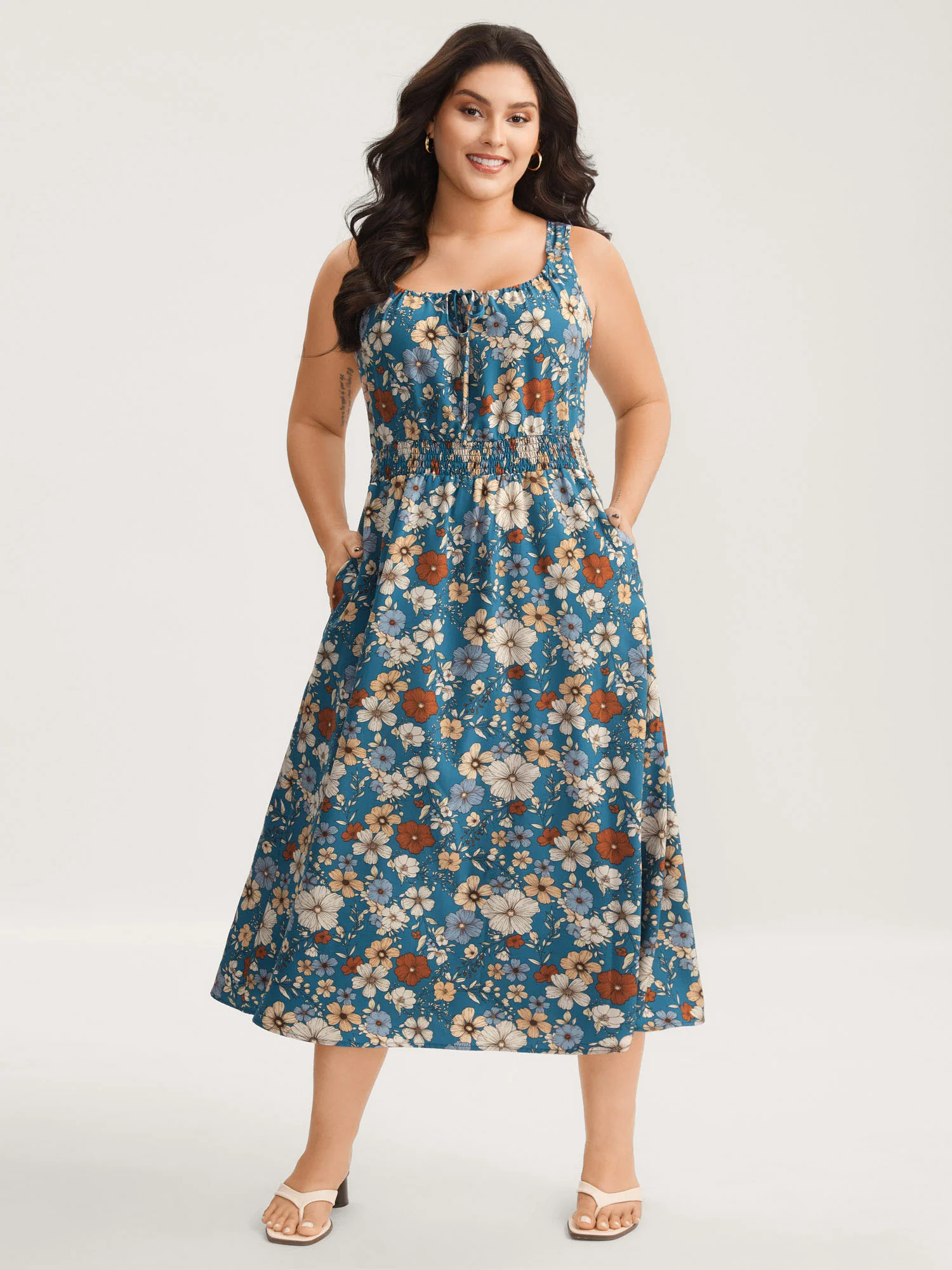 Floral Print Shirred Waist Midi Dress