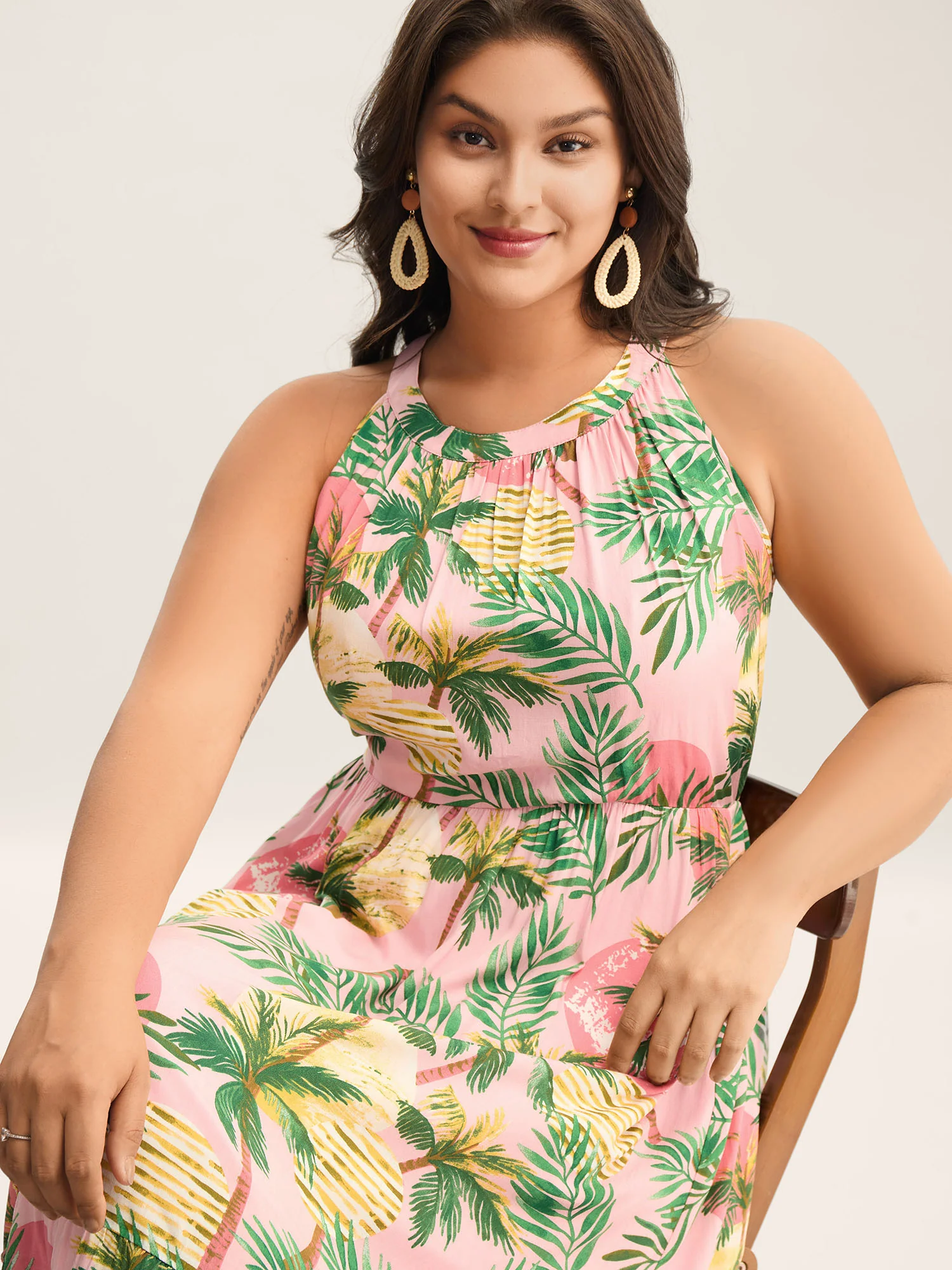Tropical Print Cinched-Waist Pockets Midi Dress