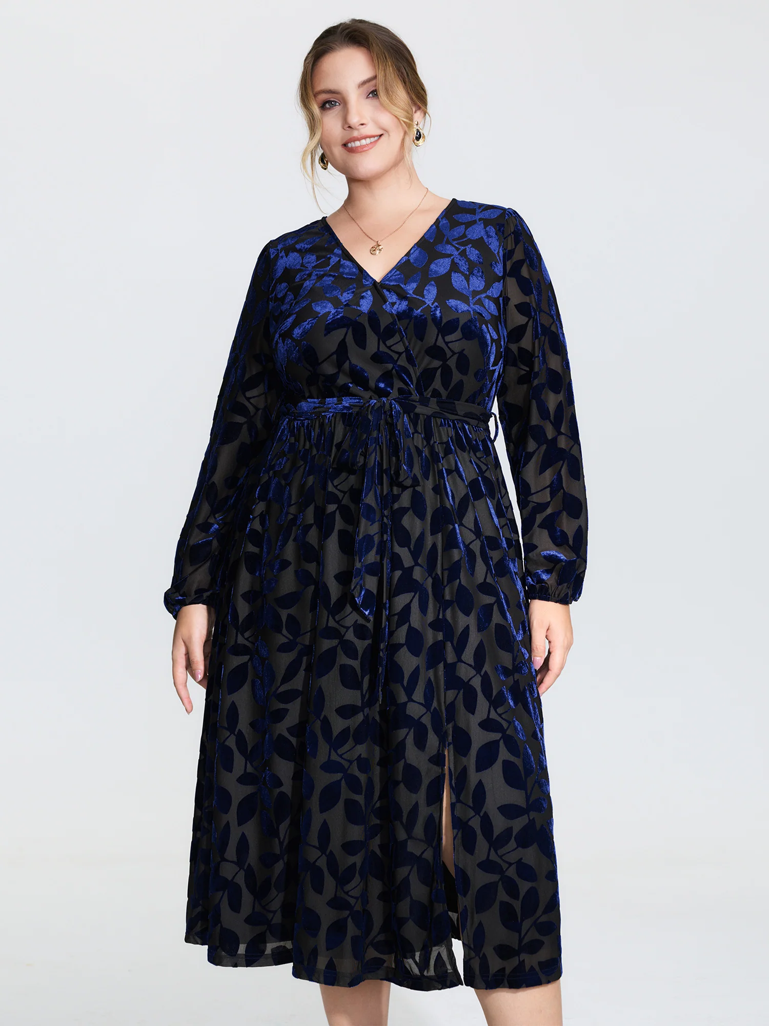 Velvet Laser Cut Faux Wrap Midi Dress