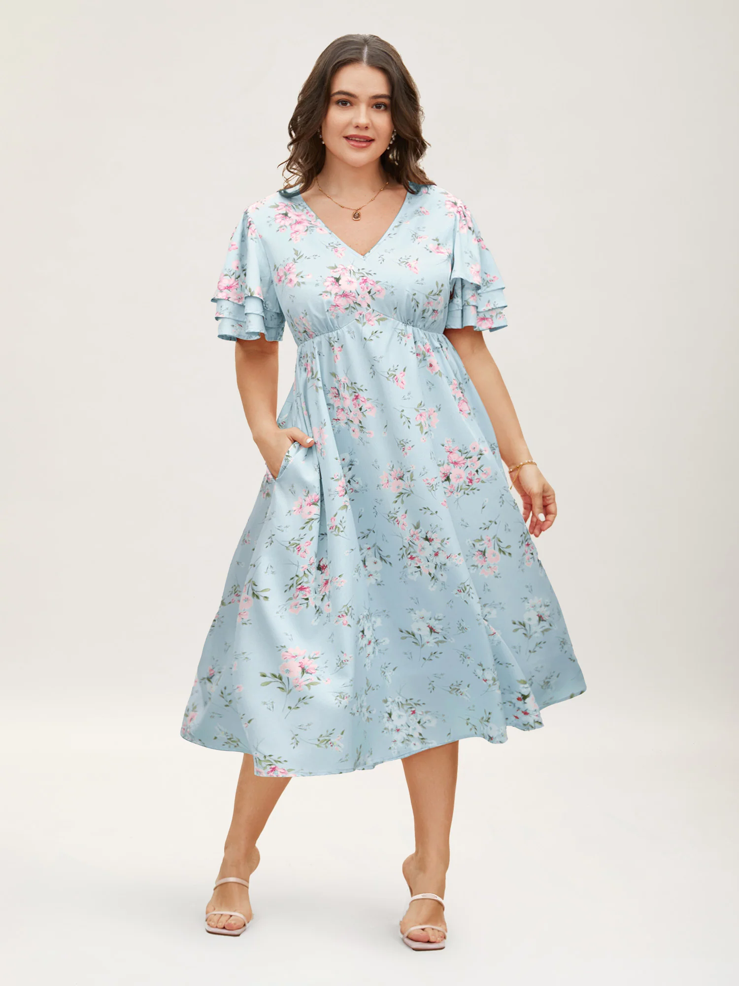 Floral Elastic Waist Tiered Ruffle Sleeve Dress