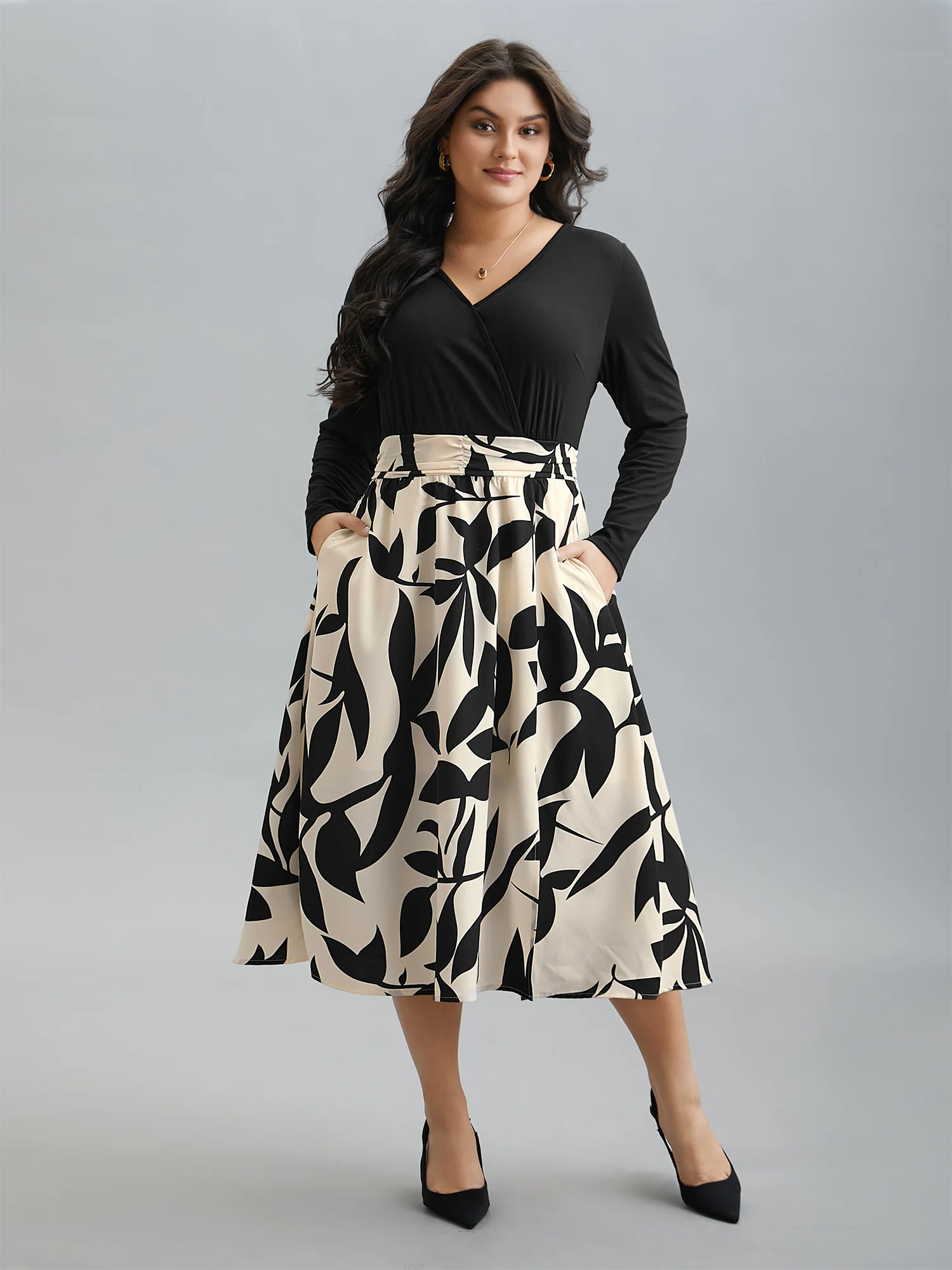Color Block Printed Skirt Pockets Midi Dress