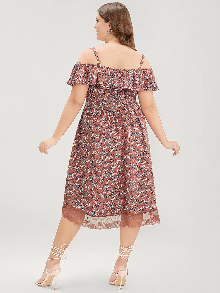 Ditsy Floral Cold Shoulder Shirred Pocket Ruffle Lace Hem Dress