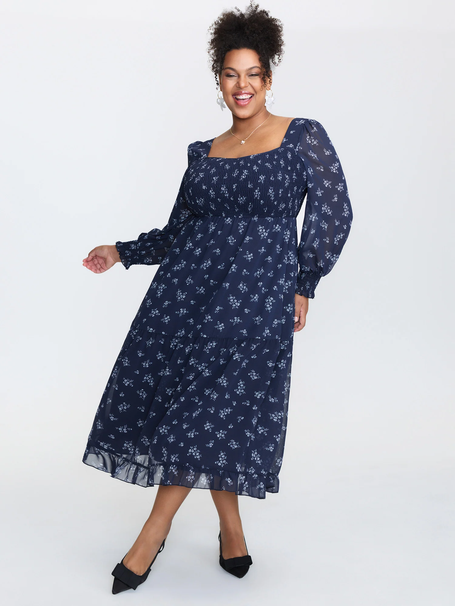 Floral Print Shirred Bodice Sheer Midi Dress