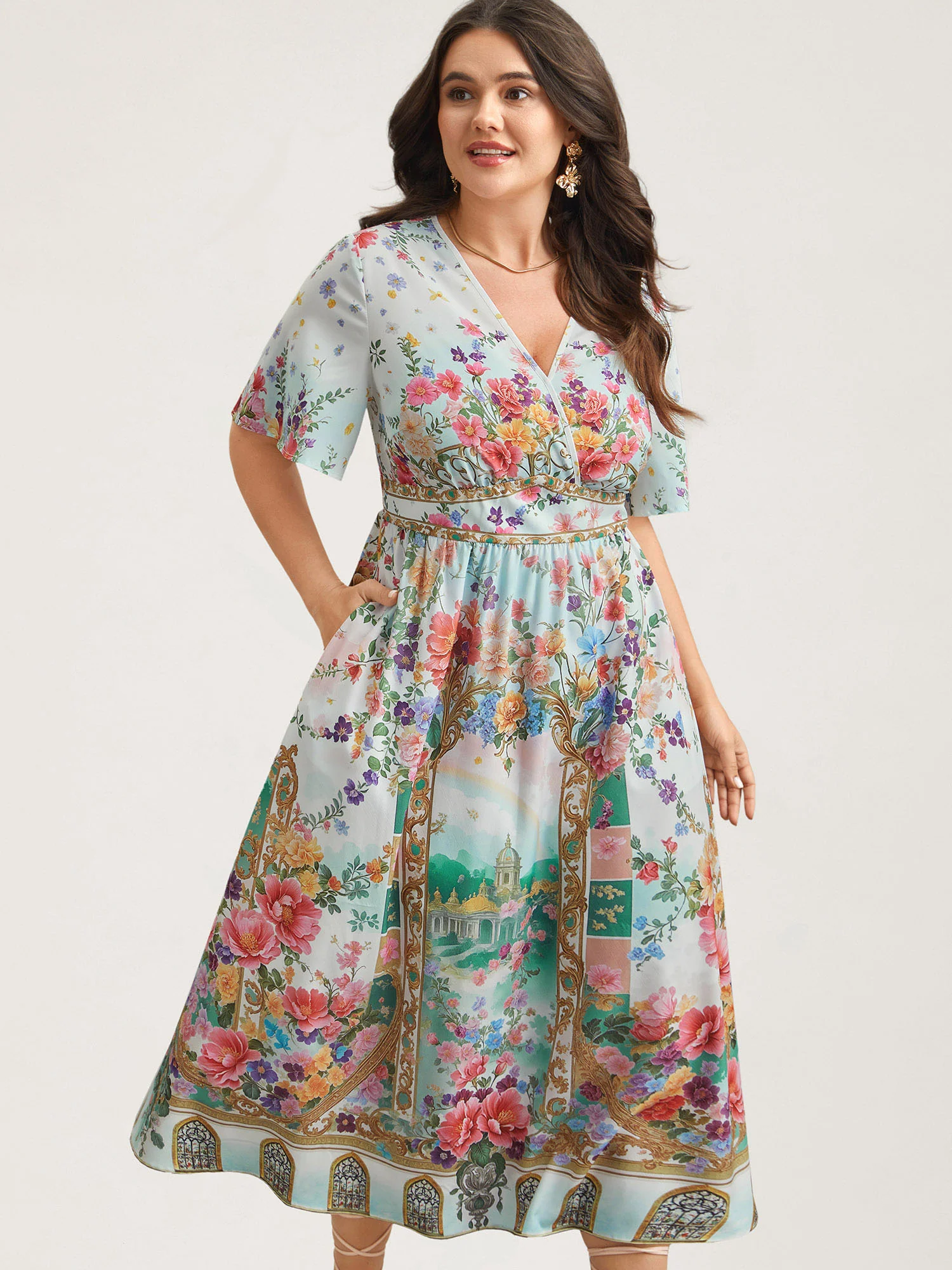 Floral Print Wrap-Neck Flared Sleeve Maxi Dress