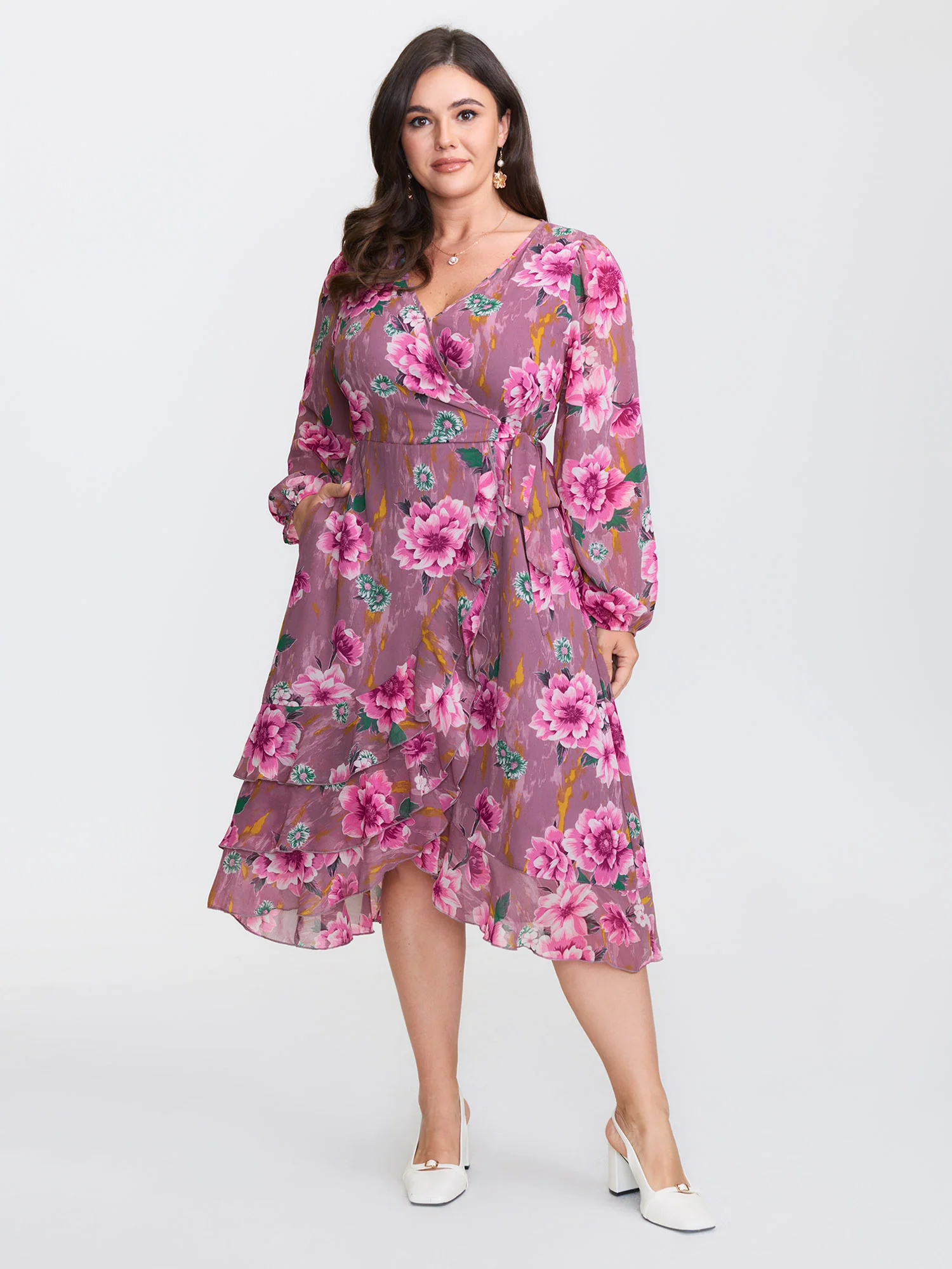 Floral Print Wrap Neckline Pockets Midi Dress