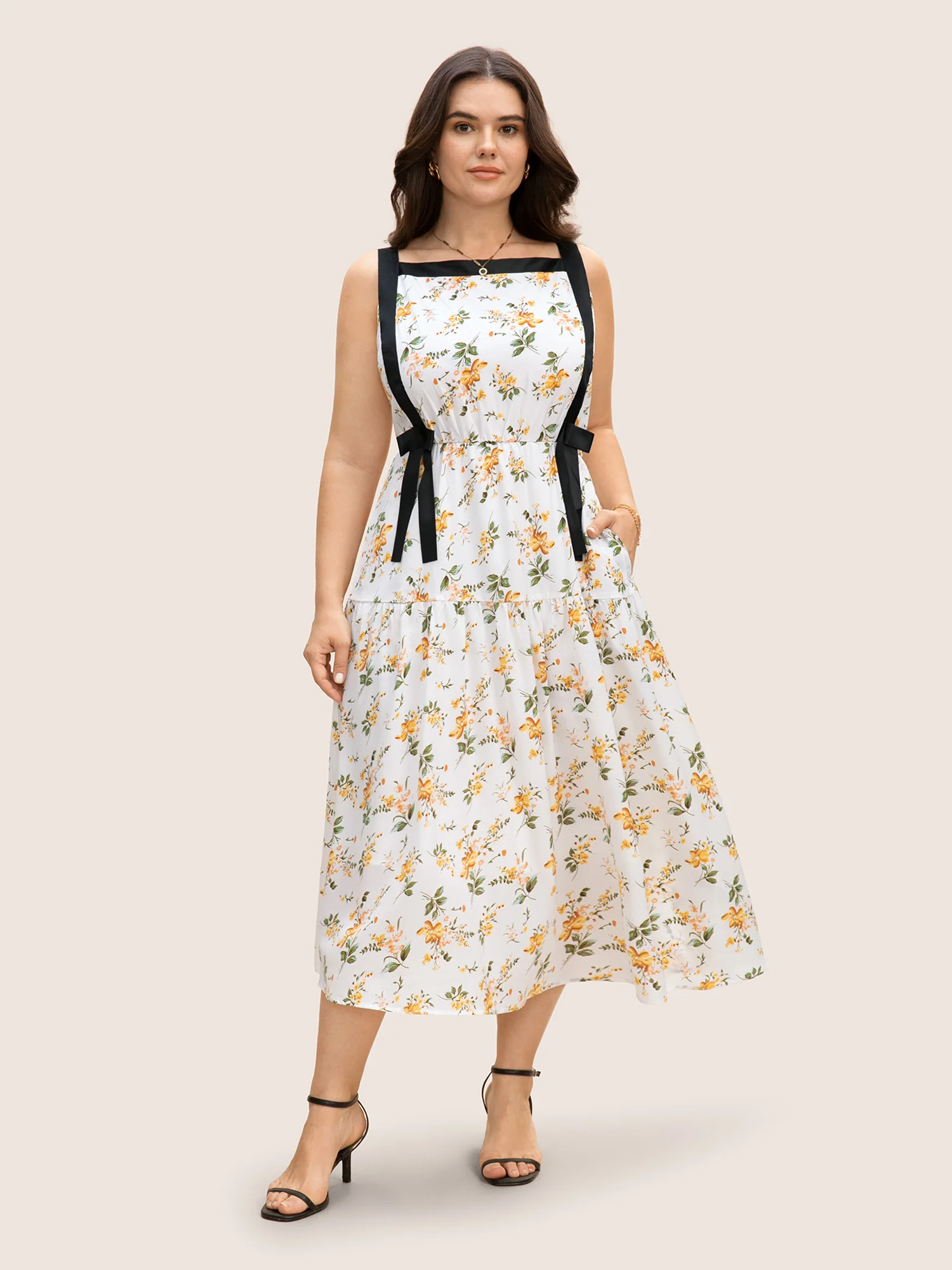Square Neck Contrast Trim Floral Print Dress