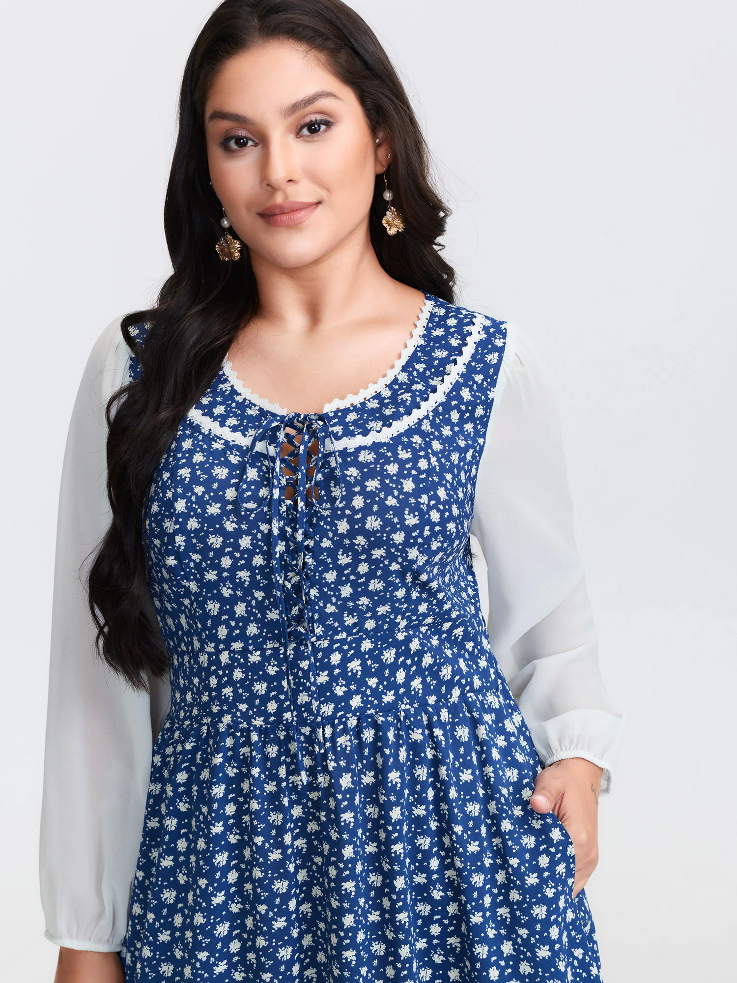 Floral Patchwork Drawstring Lace Trim Maxi Dress