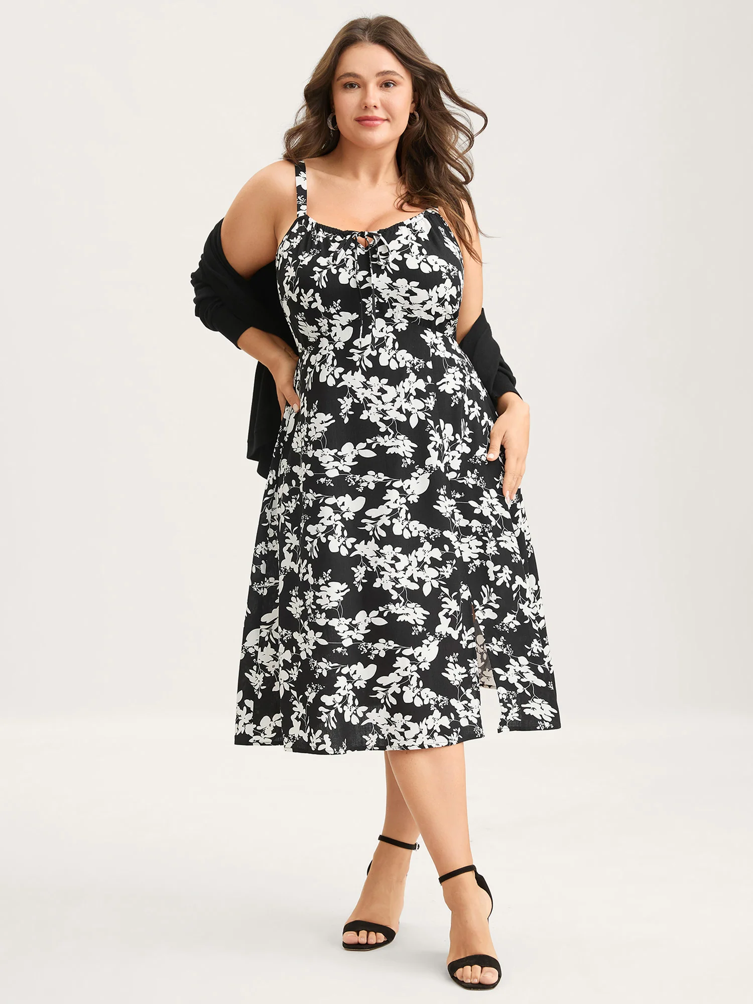 Floral Print Neck Tie Midi Dress