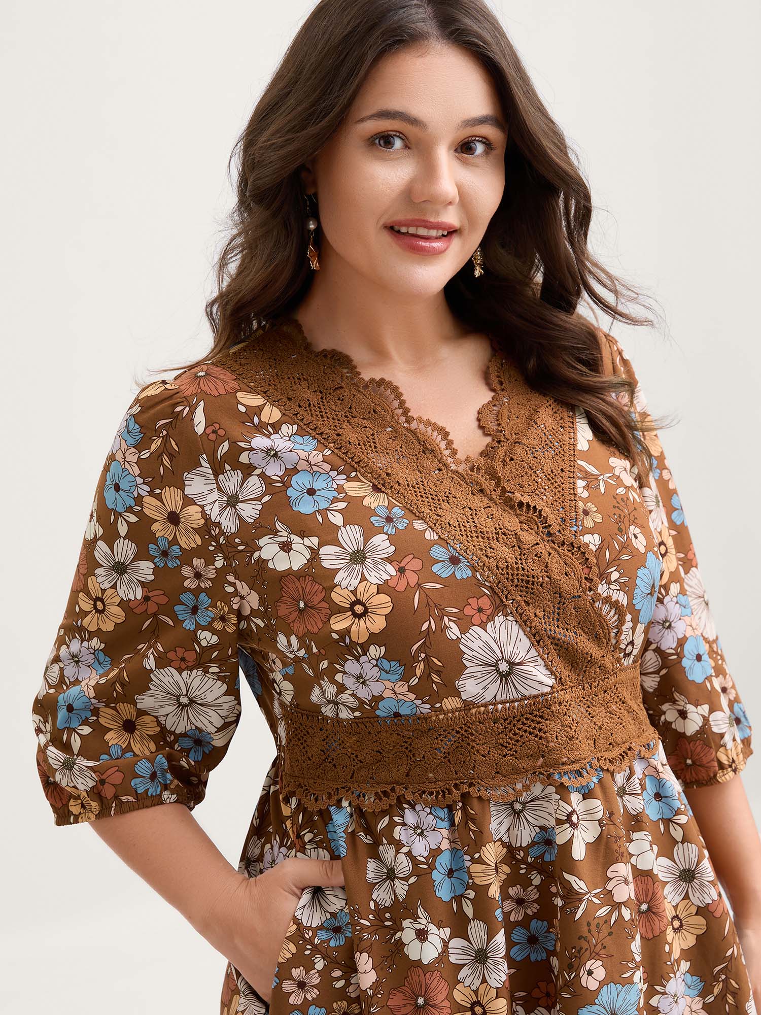 Fall Florals Lace Trim Neckline Midi Dress