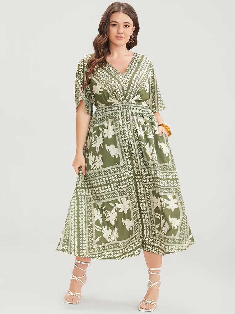 Floral Print Ruffles V Neck Shirred Pocket Split Hem Dress