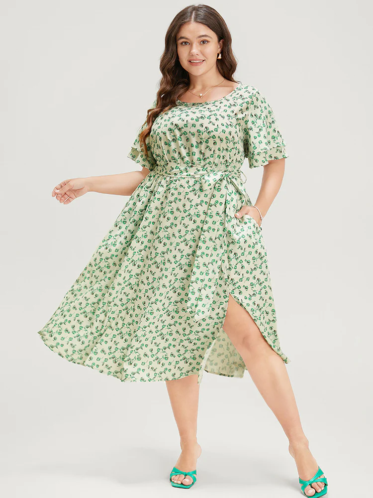 Ditsy Floral Flutter Sleeve Pocket Split Hem Belt Dress