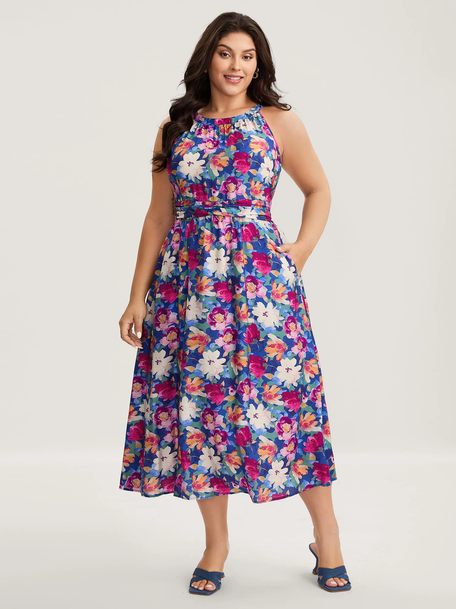 Color Block Floral Shirred Waist Midi Dress